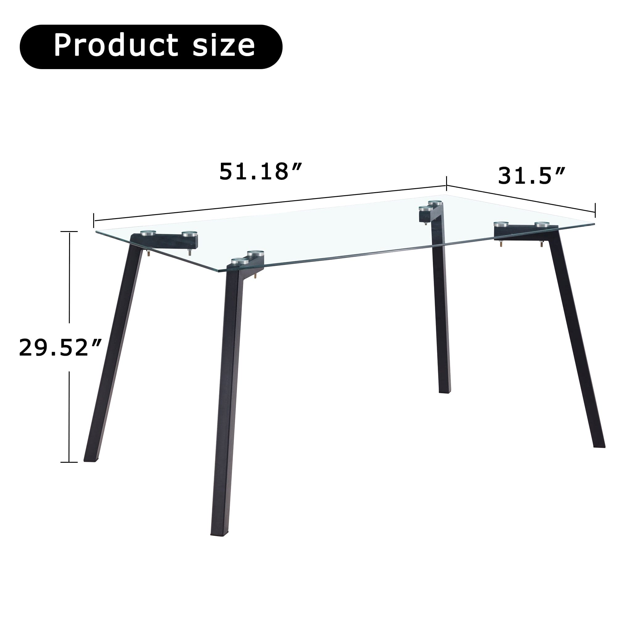 Modern Minimalist Rectangular Glass Dining Table for 4-6 with 0.31" Tempered Glass Tabletop and Black Coating Metal Legs, Writing Table Desk, for Kitchen Dining Living Room, 51" W x 31"D x 30" H 1123