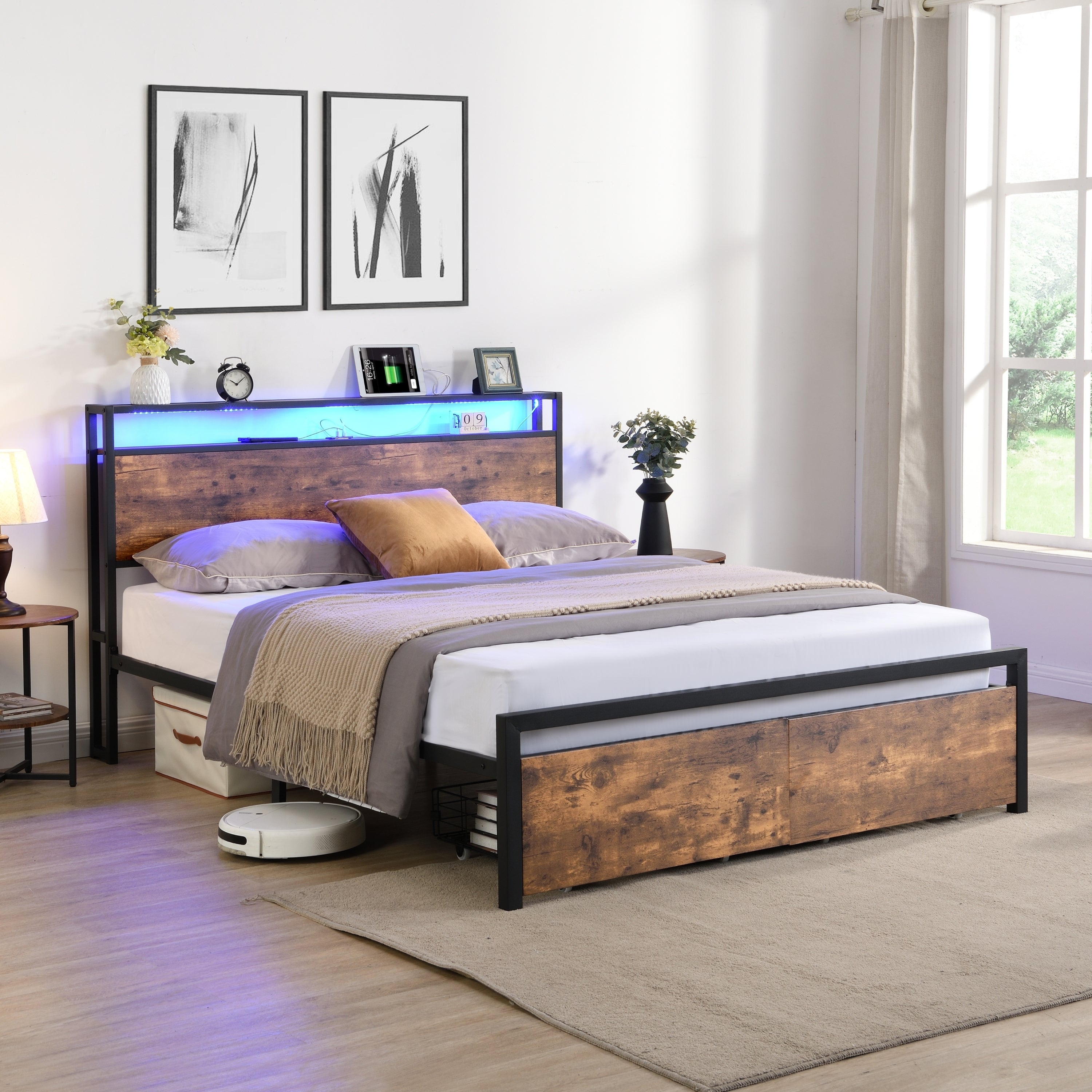 Queen Size Bed Frame with Storage Headboard and 2 Drawers, LED Lights Bed with Charging Station, Metal Platform Bed No Noise, Mattress Foundation Strong Metal Slats Support No Box Spring Needed