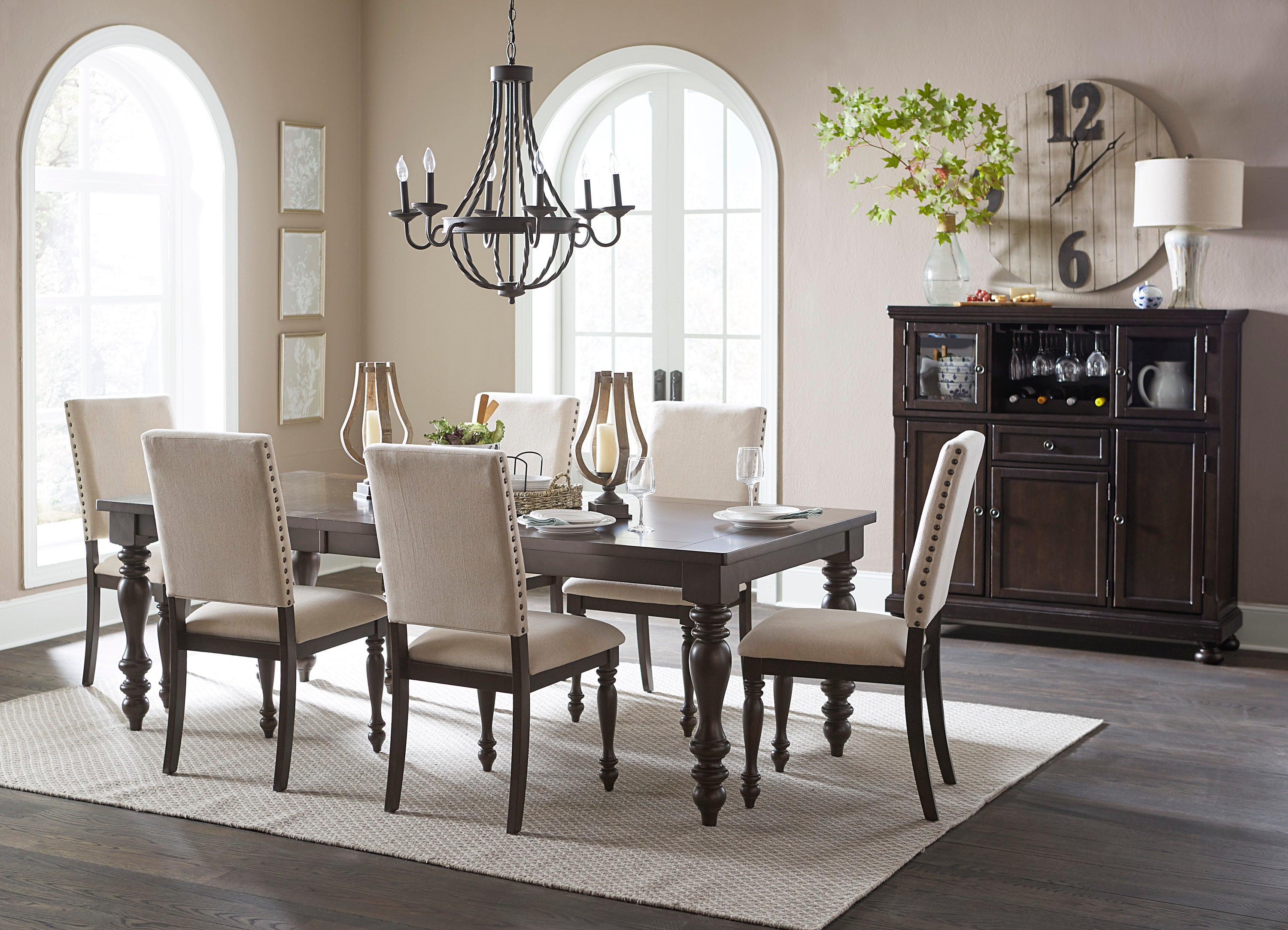 Traditional Brown Finish 5pc Dining Set Table w Leaf and 4x Side Chairs Beige Nailhead Trim Transitional Dining Wooden Furniture