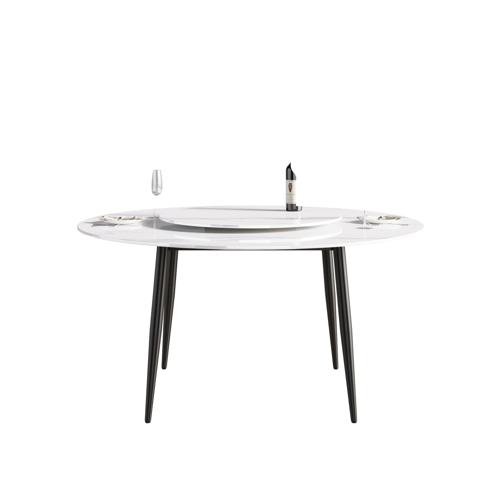 59.05"Modern artificial stone round black metal dining table-can accommodate 6 people-31.5"white artificial stone turntable