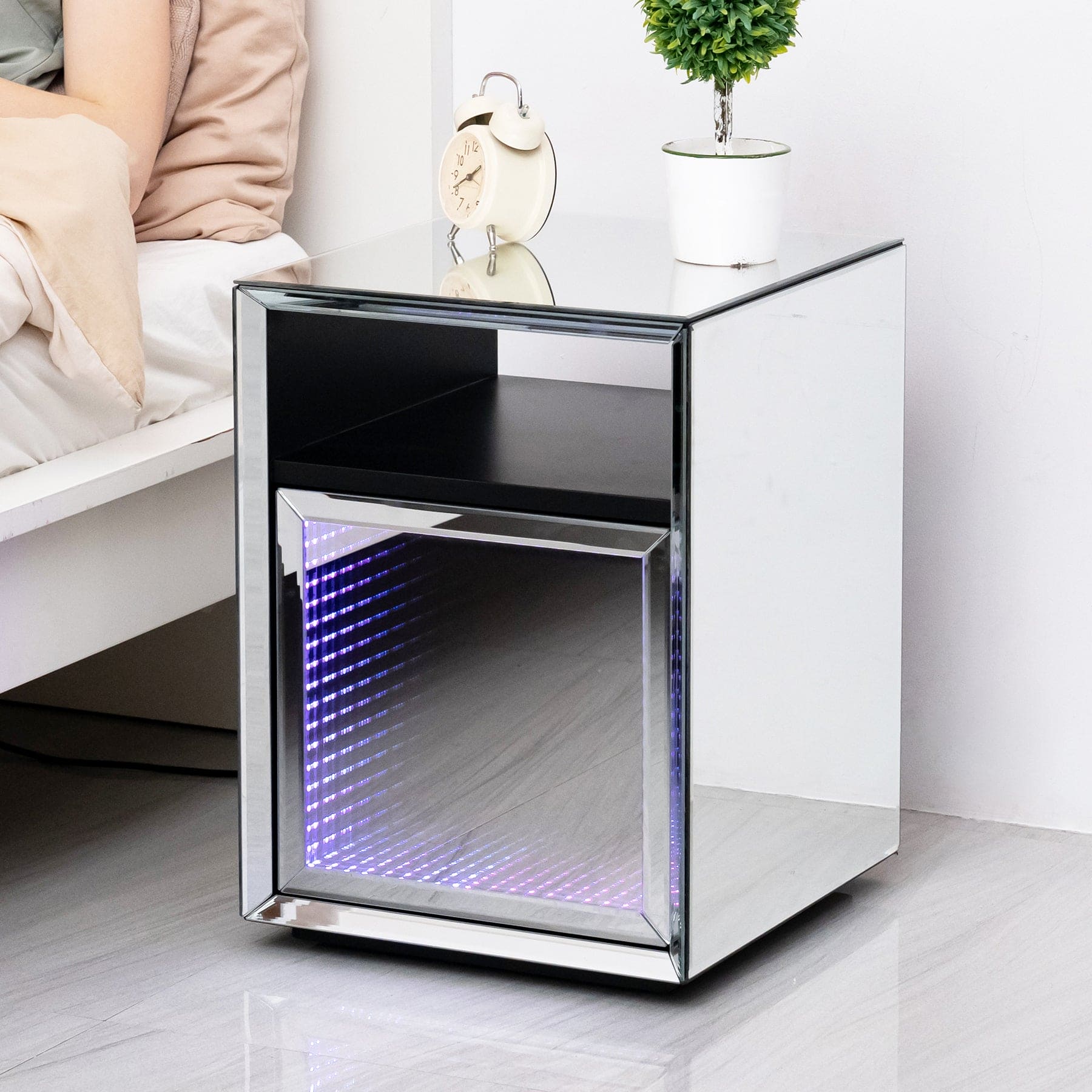 Mirrored Nightstand, LED Nightstand, Smart Bedside Table,Silver End Table (Built-in 142 Dynamic Effects and 18 Music Effects)