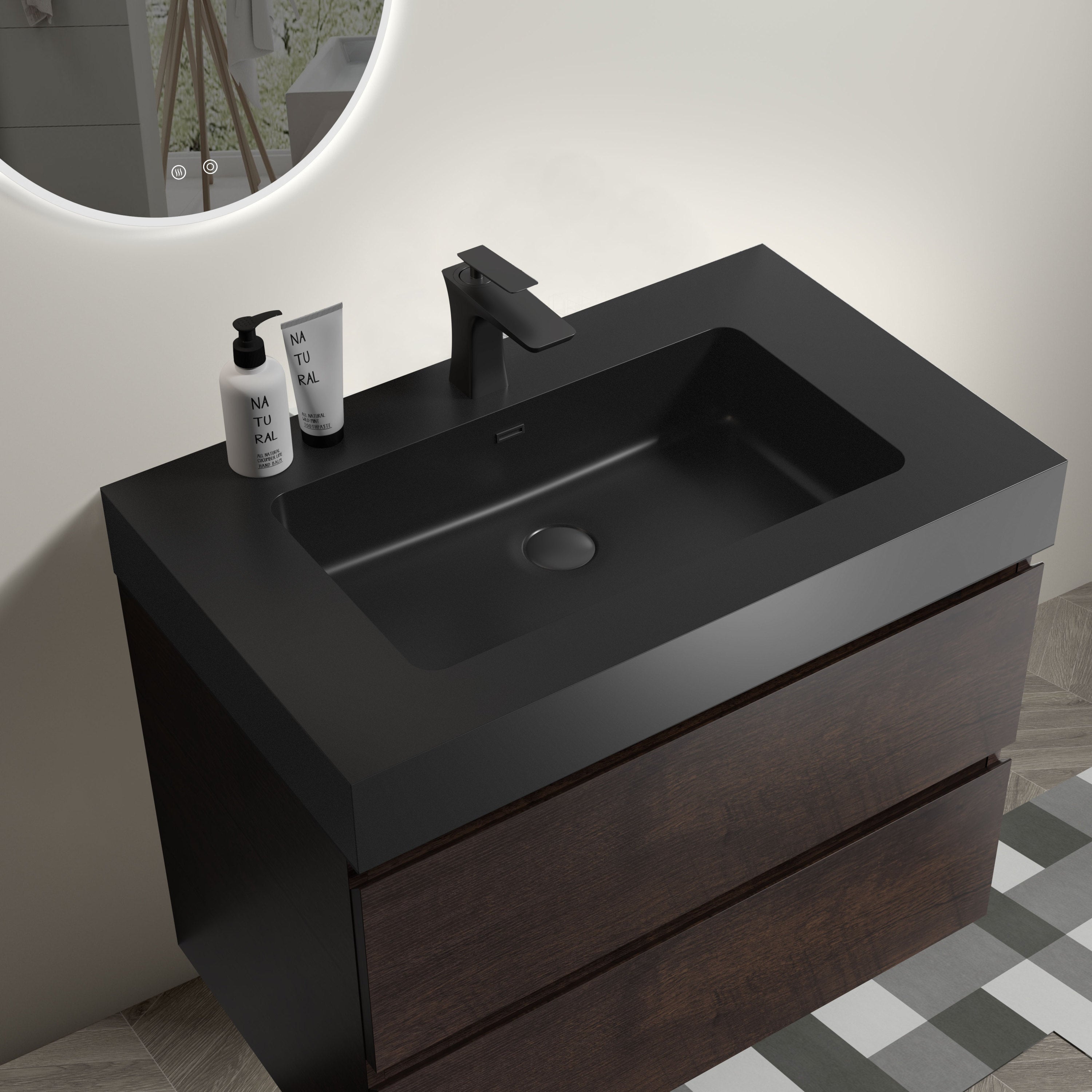 Alice 30" Walnut Bathroom Vanity with Sink, Large Storage Wall Mounted Floating Bathroom Vanity for Modern Bathroom, One-Piece Black Sink Basin without Drain and Faucet