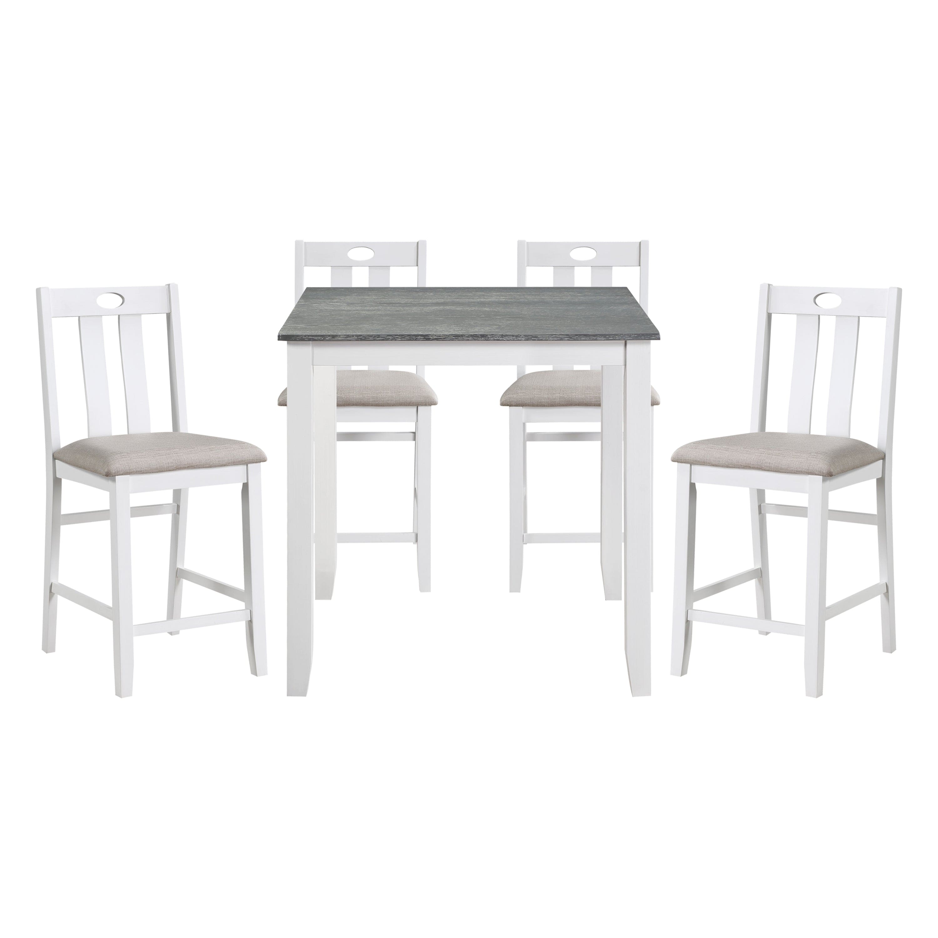 5-Piece Pack Counter Height Set Weathered Gray and White Table and Fabric Upholstered 4 Chairs Casual Dining Furniture