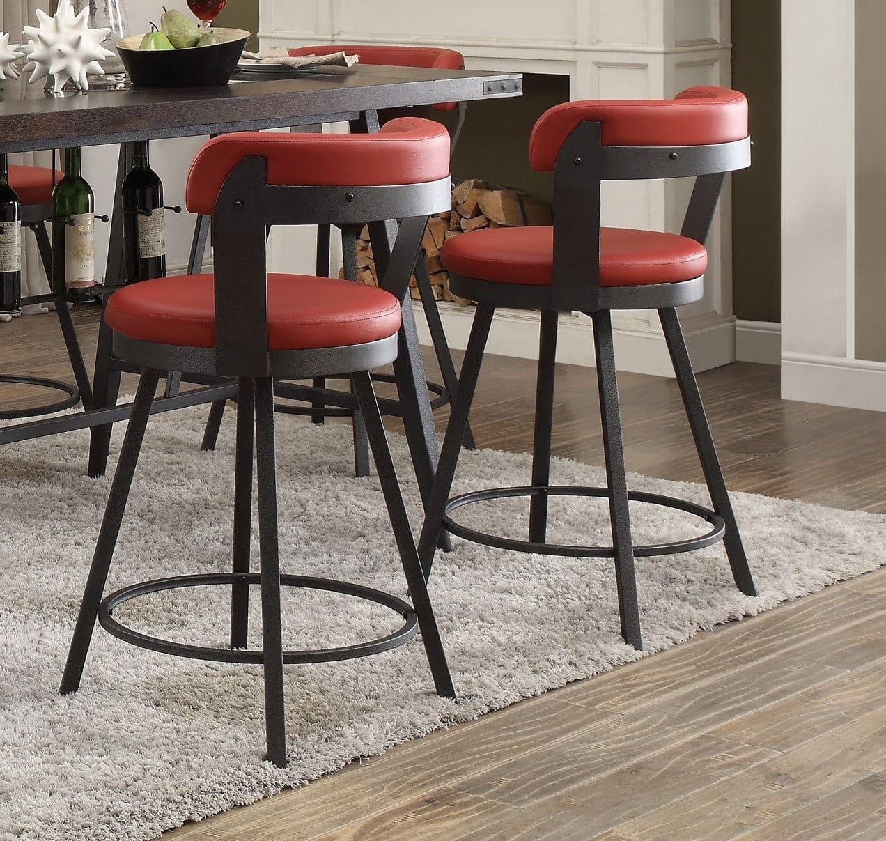 Metal Base 24-inch Counter Height Chairs Set of 2pc Red Seat 360-degree Swivel Faux Leather Upholstered Dining Room Furniture