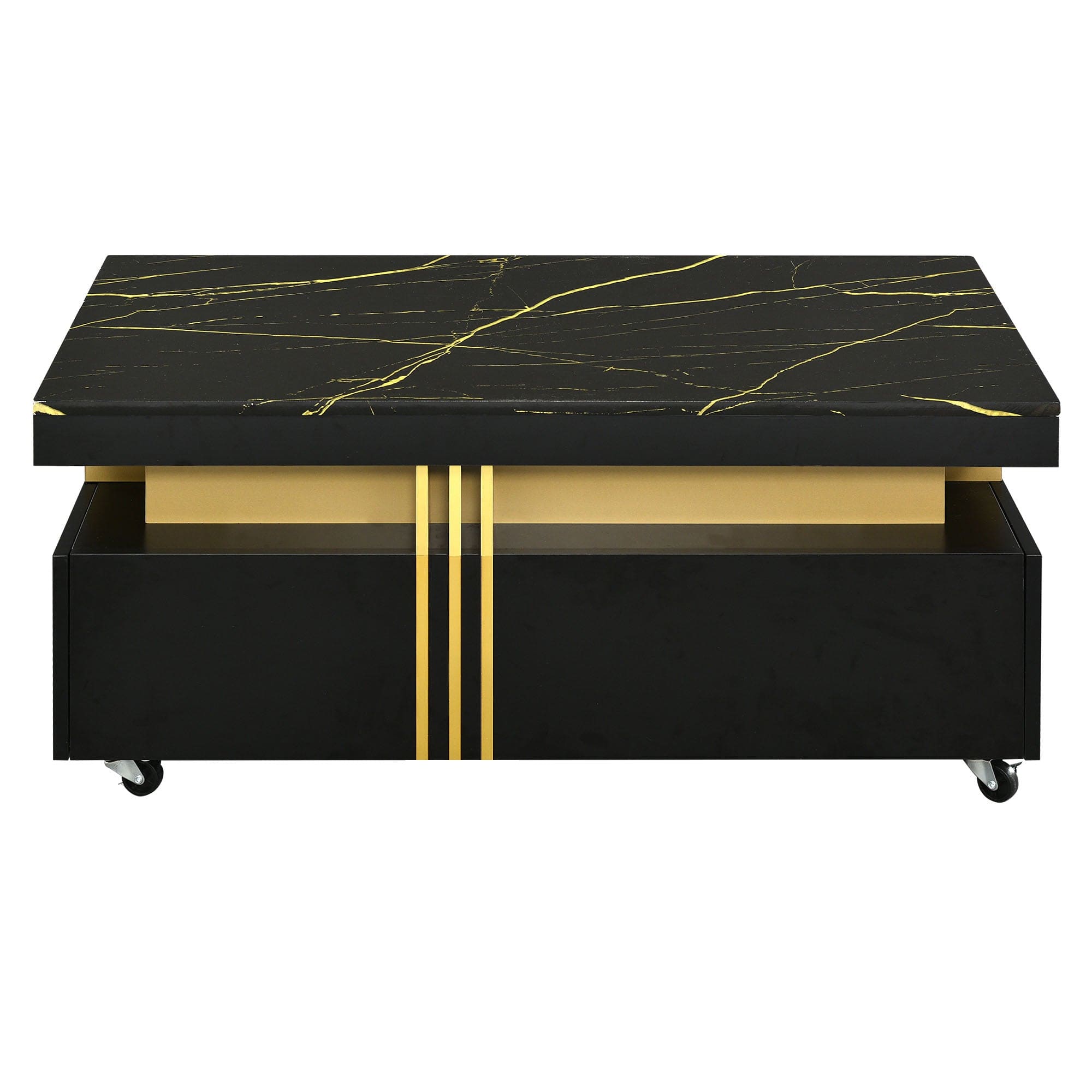 ON-TREND Contemporary Coffee Table with Faux Marble Top, Rectangle Cocktail Table with Caster Wheels, Moderate Luxury Center Table with Gold Metal Bars for Living Room, Black