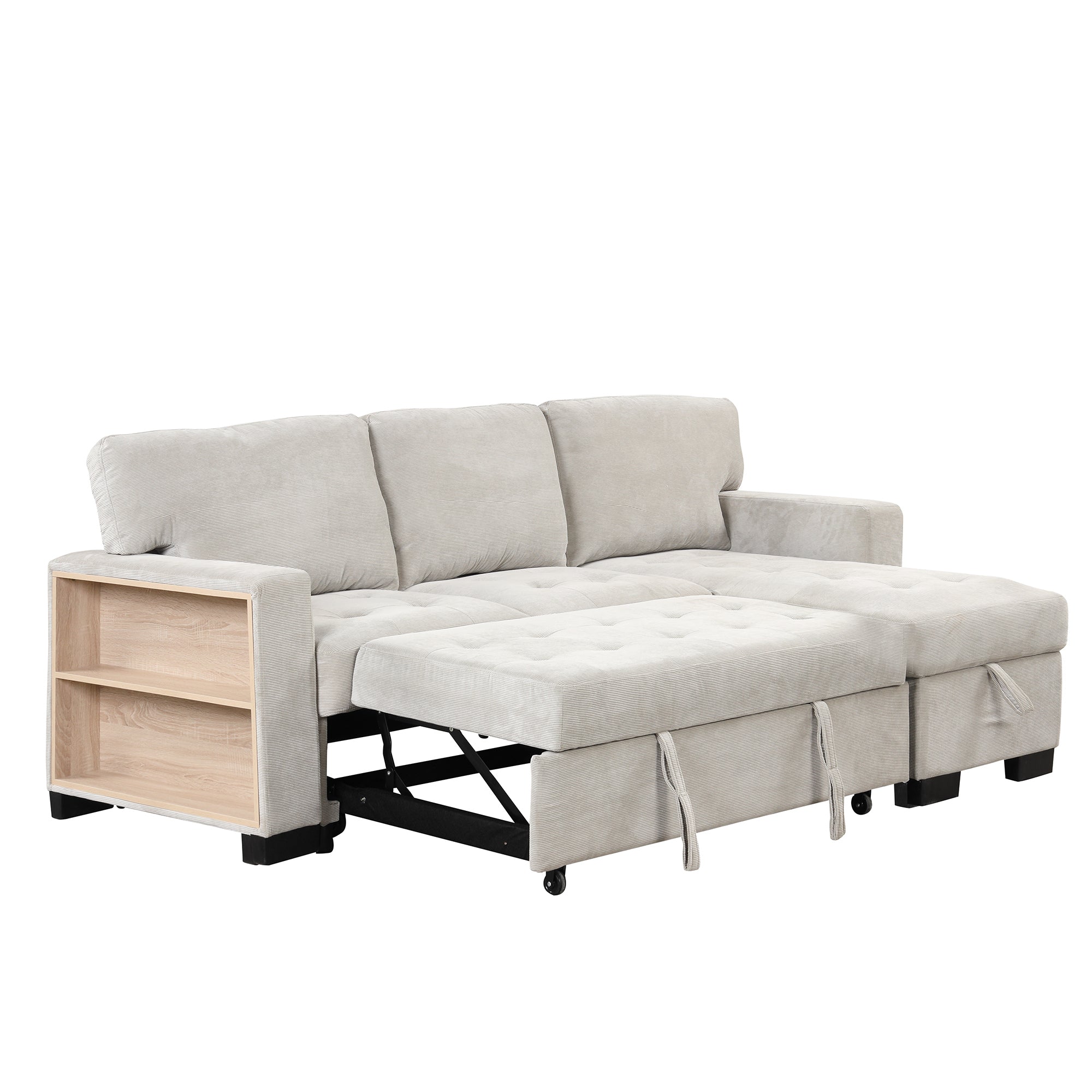 Stylish and Functional Light Chaise Lounge Sectional with Storage Rack Pull-out Bed Drop Down Table  and USB Charger Light Gray