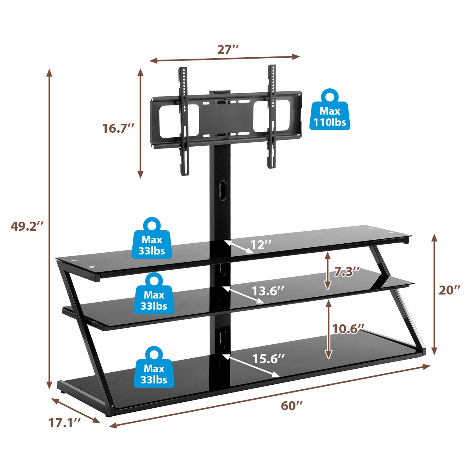 Universal Swivel Entertainment Center Black Tempered Glass Height Adjustable Universal Swivel Glass Floor Media Storage Stand With Mount Metal Tube With Heat transfer print TV Stand