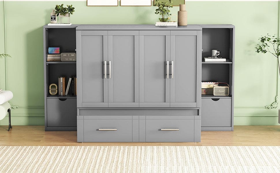 Queen Size Murphy Bed with Shelves, Drawers and USB Ports,Gray