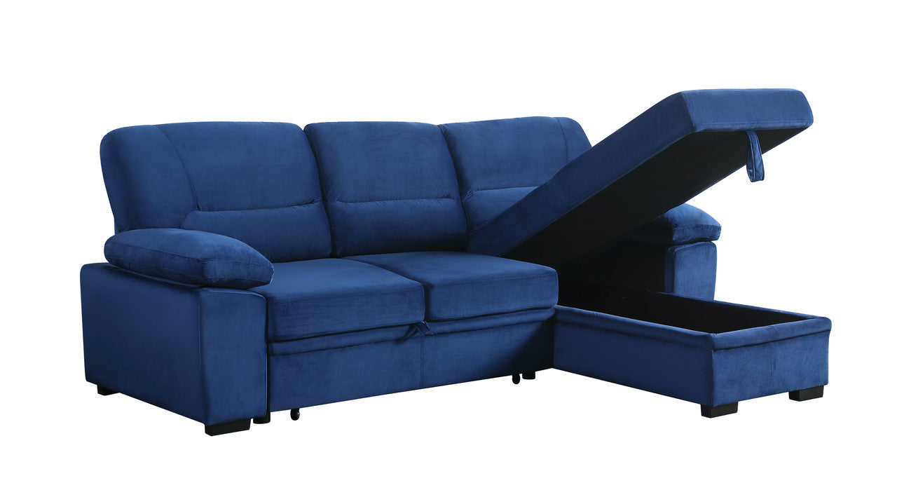 Kipling Blue Velvet Fabric Reversible Sleeper Sectional Sofa Chaise