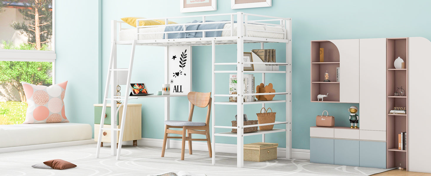 Twin Size Loft Metal Bed with 3 Layers of Shelves and Desk, Stylish Metal Frame Bed with Whiteboard, White