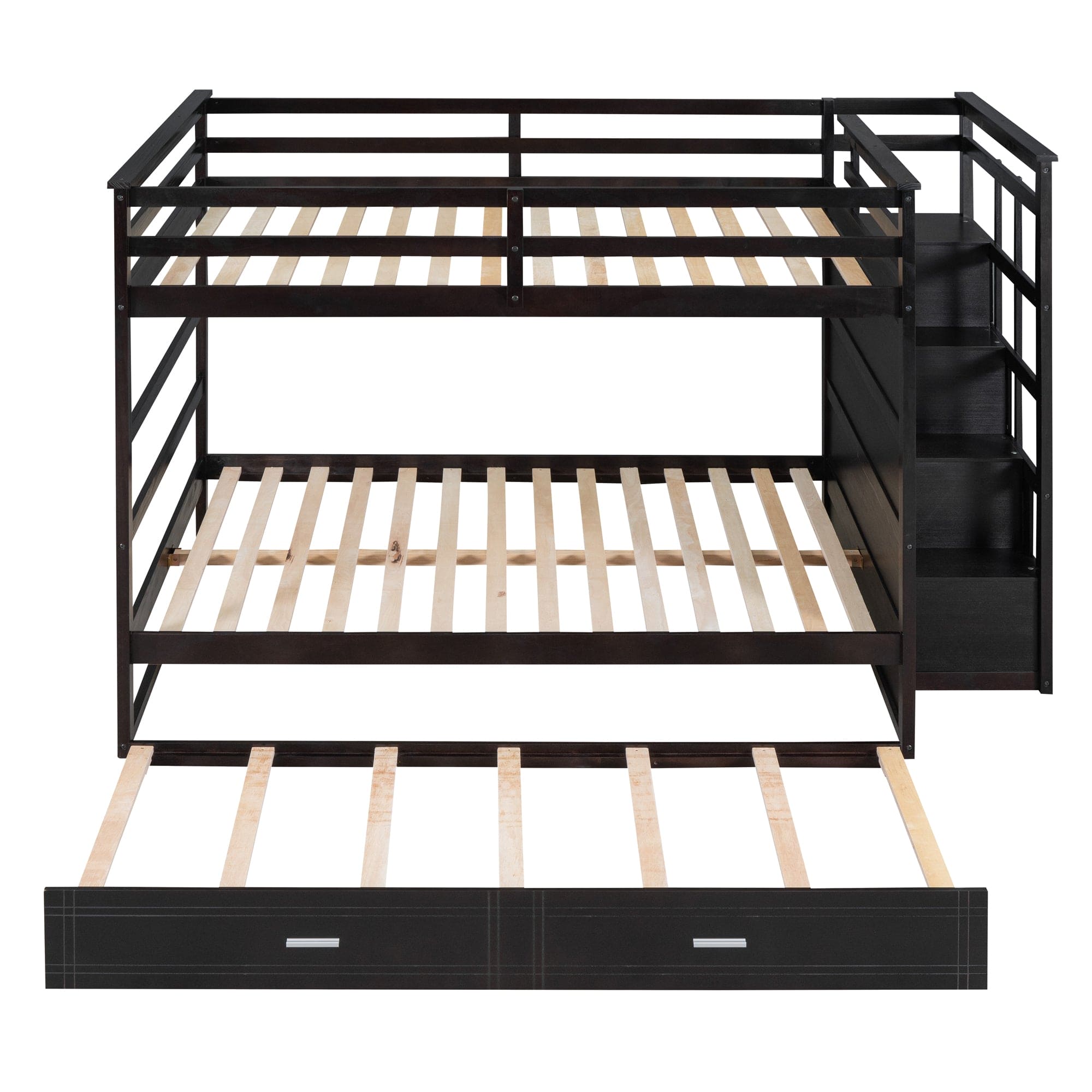 Full Over Full Bunk Bed with Twin Size Trundle and Staircase, Espresso