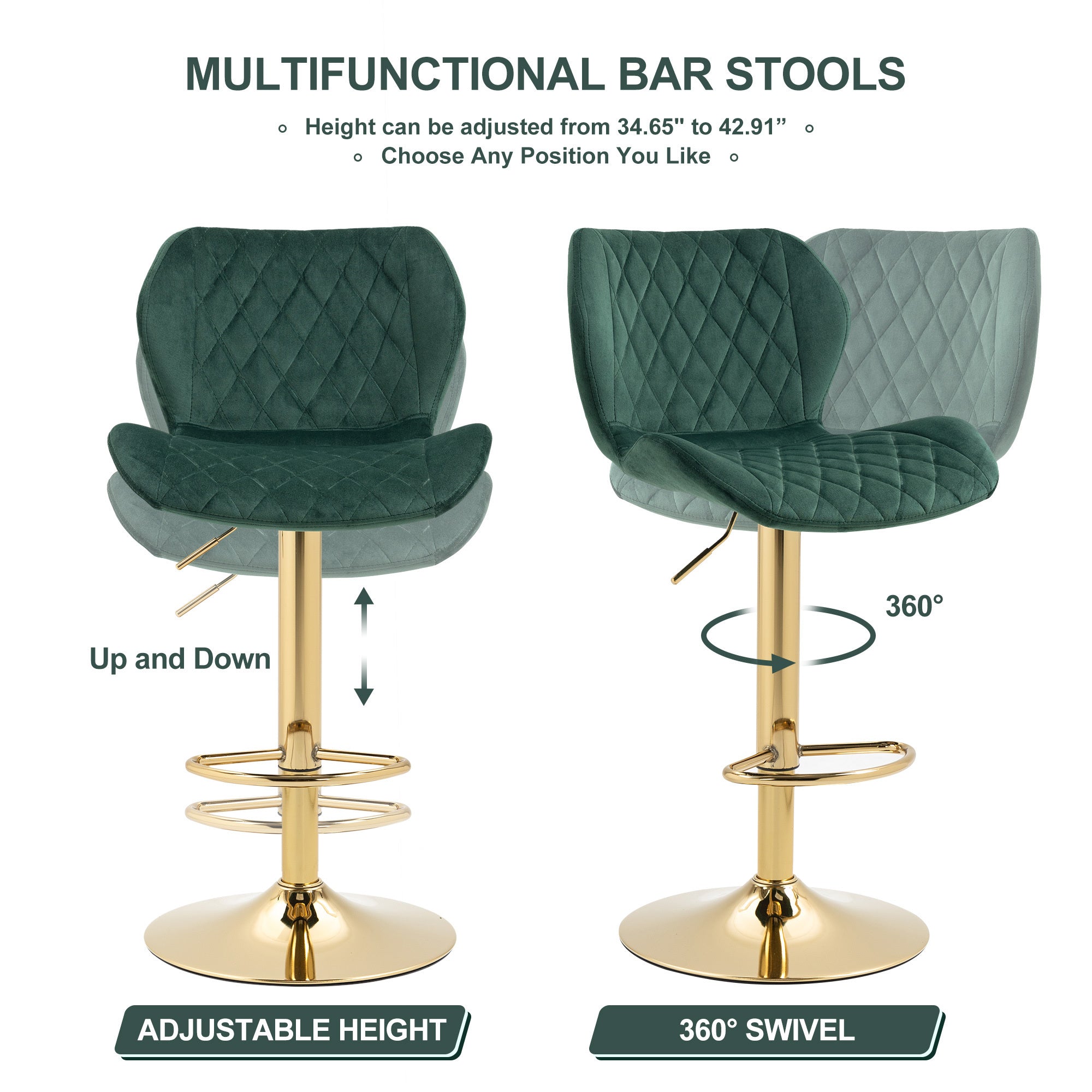 Green Velvet Adjustable Swivel Bar Stools Set Of 2 Modern Counter Height Barstools With Golden Color Base