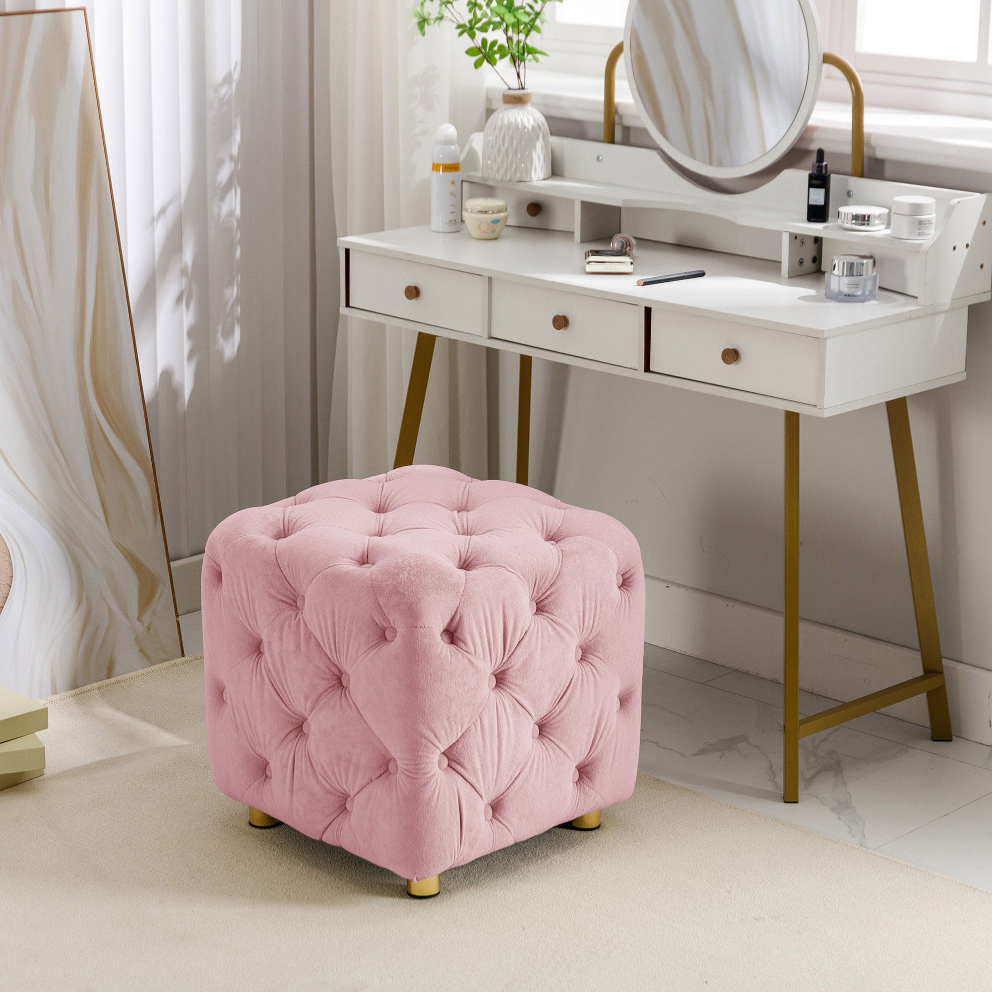 Pink Modern Velvet Upholstered Ottoman, Exquisite Small End Table, Soft Foot Stool,Dressing Makeup Chair, Comfortable Seat for Living Room, Bedroom, Entrance