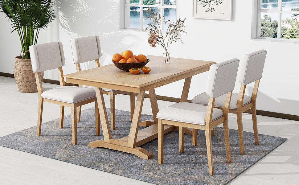 TOPMAX Rustic 5-piece Dining Table Set with 4 Upholstered Chairs, 59-inch Rectangular Dining Table with Trestle Table Base, Naural