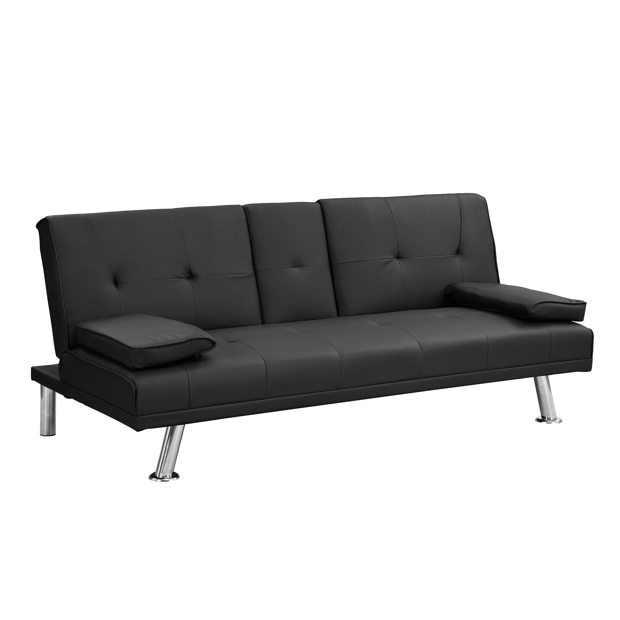 Sofa Bed with Armrest two holders  WOOD FRAME, STAINLESS LEG, FUTON BLACK  PVC