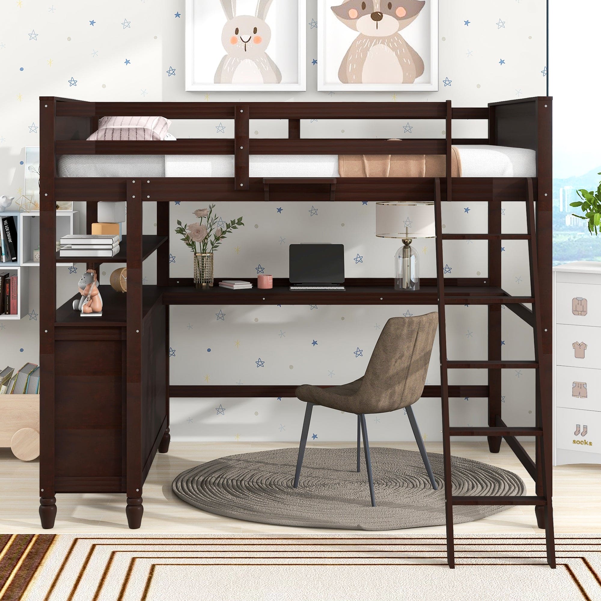 Full size Loft Bed with Drawers and Desk, Wooden Loft Bed with Shelves - Espresso(OLD SKU:LT001529AAP)