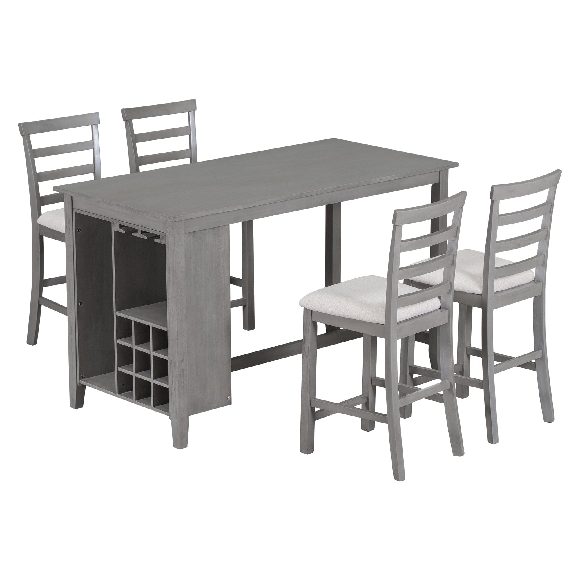 TREXM 5-Piece Multi-Functional Rubber Wood Counter Height Dining Set with Padded Chairs and Integrated 9 Bar Wine Compartment, Wineglass Holders for Dining Room (Gray)