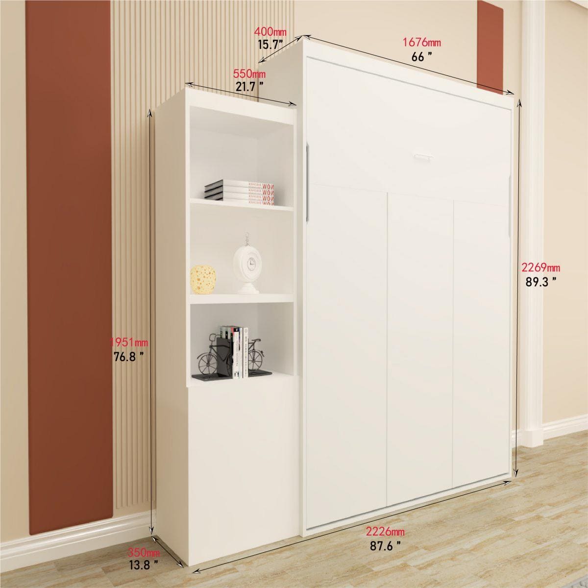 Queen  Size Morden Deisgn Full Size Vertical Murphy Bed with Shelf and Drawers for Bedroom or Guestroom White Wall Bed Space Saving Hidden Bed with New Style Gas Struts