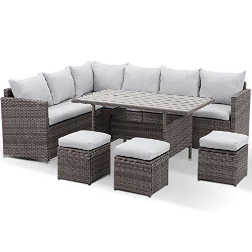 7-Pieces PE Rattan Wicker Patio Dining Sectional Cusions Sofa Set with Grey cushions