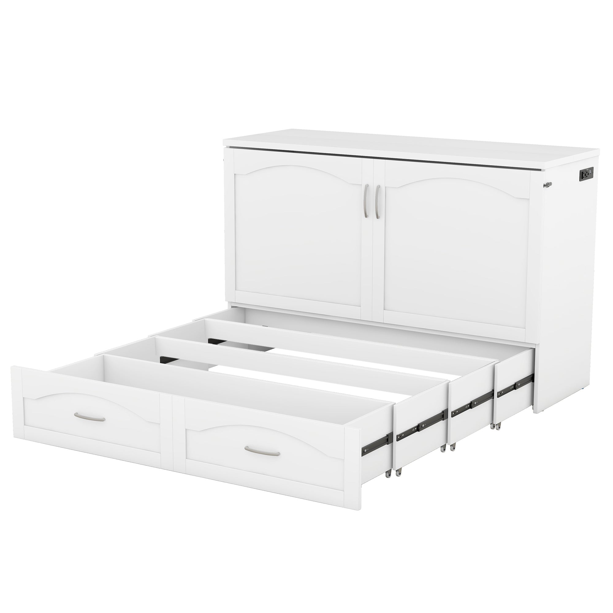 Queen Size Murphy Bed Wall Bed with drawer and a set of Sockets & USB Ports, Pulley Structure Design, White