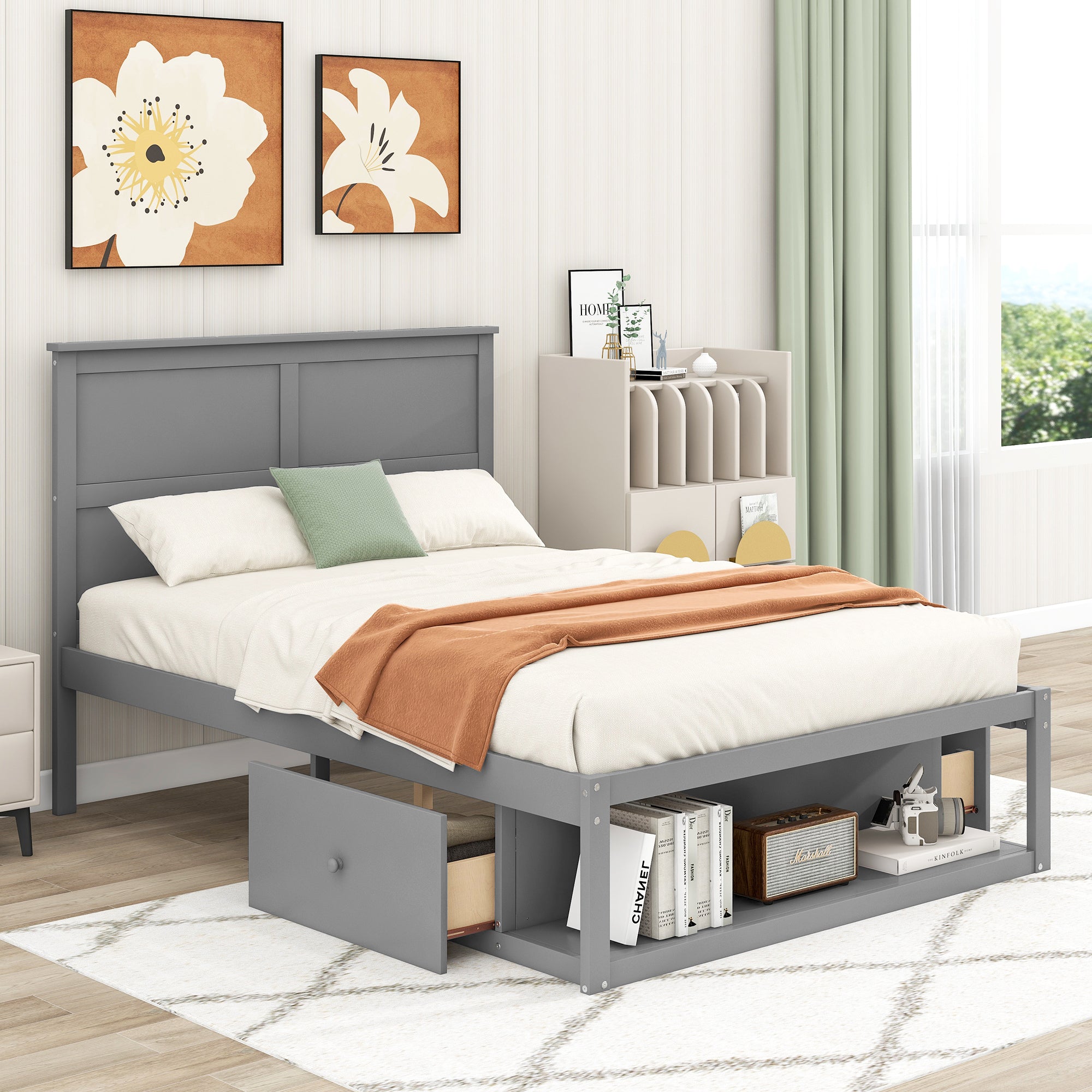 Full Size Platform Bed with Drawer on the Each Side and Shelf on the End of the Bed, Gray