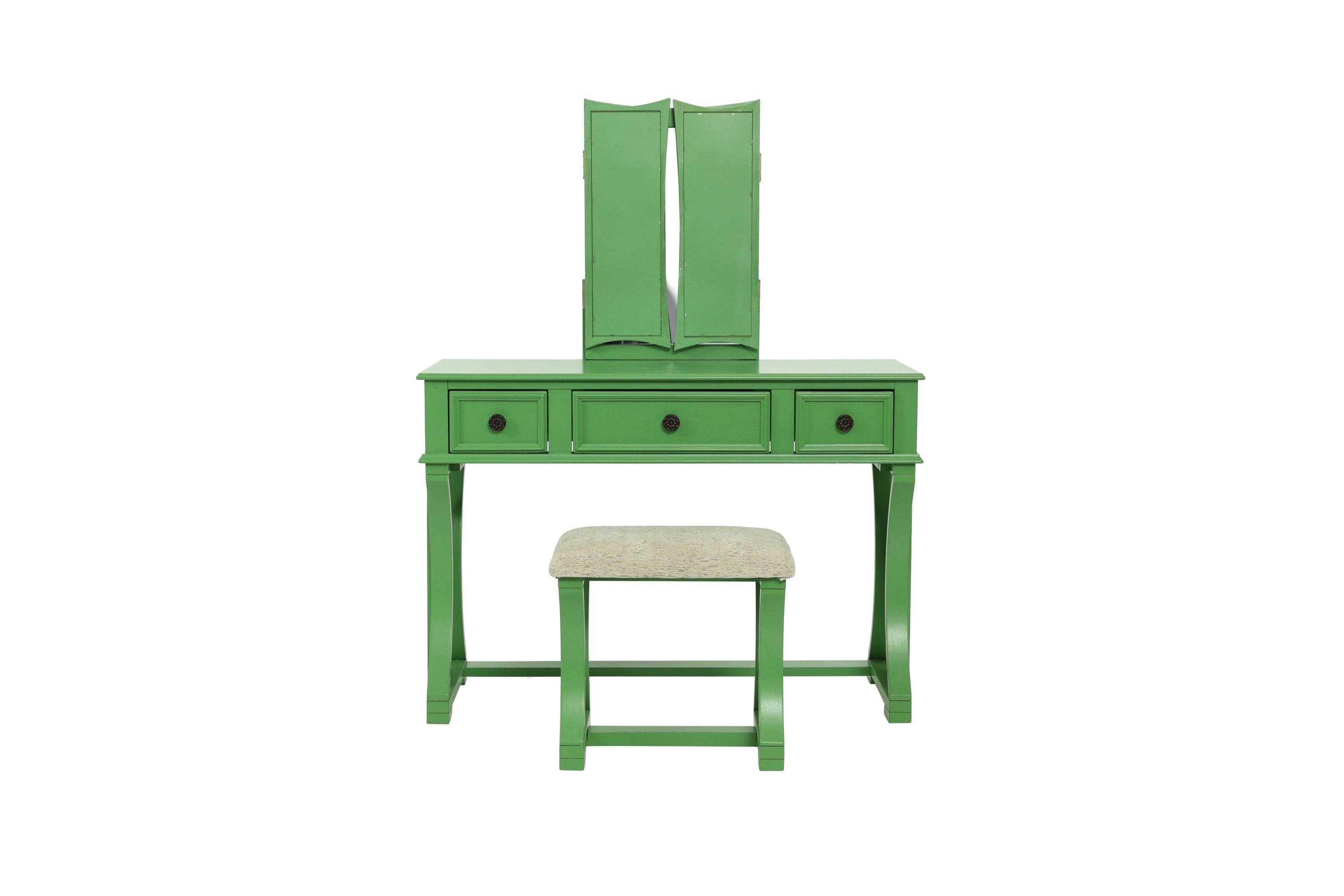 Unique Modern Bedroom Vanity Set w Stool Foldable Mirror Drawers Apple Green Color MDF Veneer 1pc Vanity Furniture