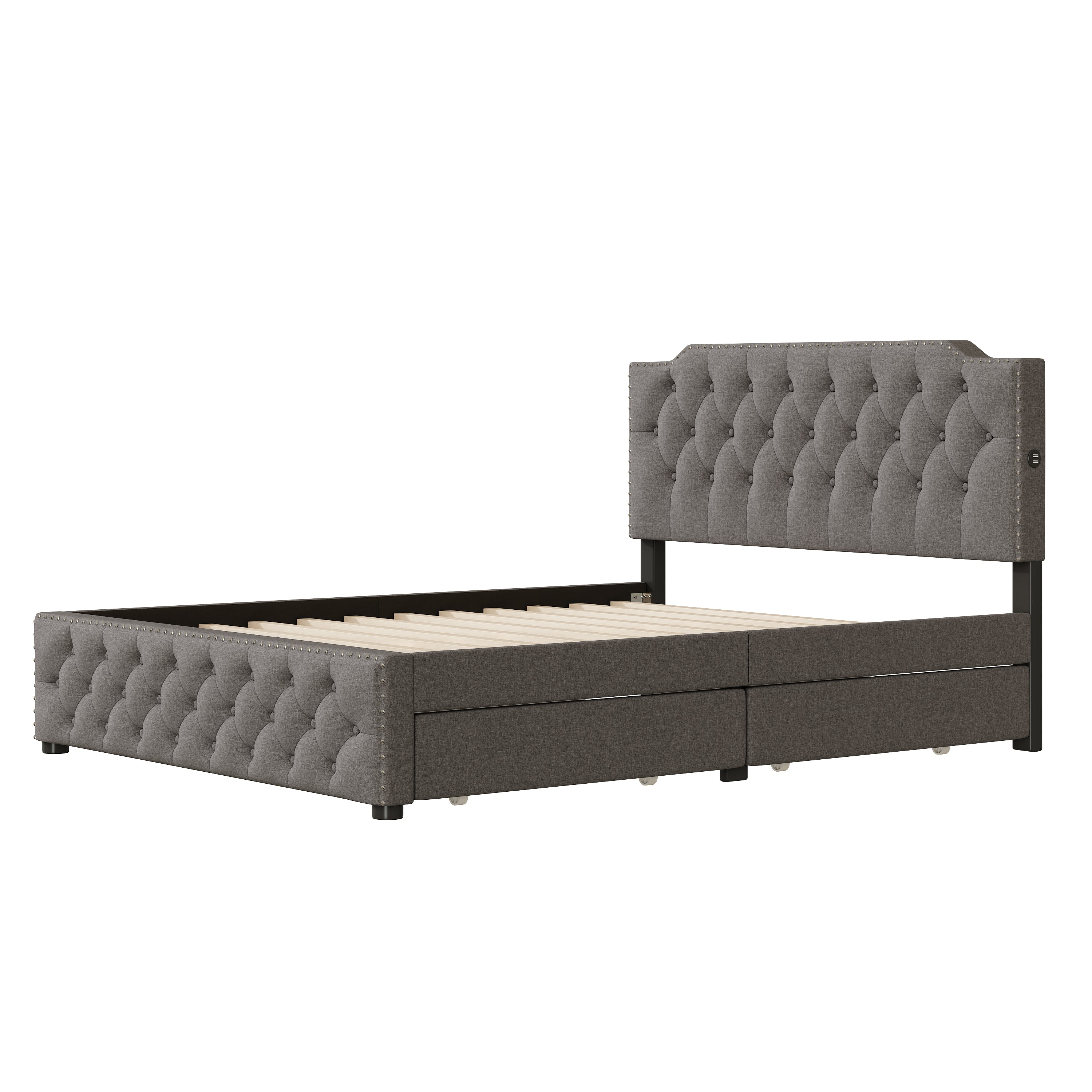 Queen Size Upholstered Platform Bed with 2 Drawers and 2 sets of USB Ports on each side, Linen Fabric, Gray