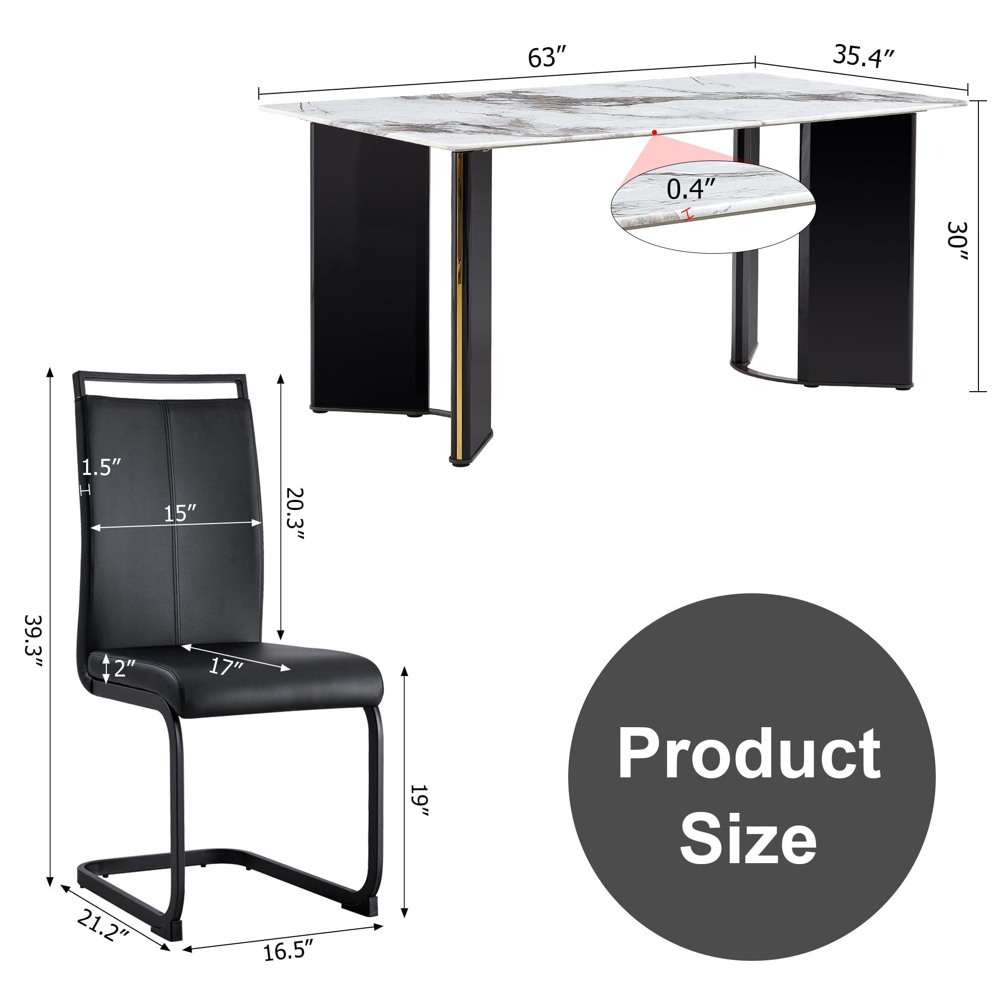 Table and chair set. 1 table and 4 chairs. Rectangular dining table, white imitation marble tabletop, MDF table legs with gold metal decorative strips. Black chair. HH 1162