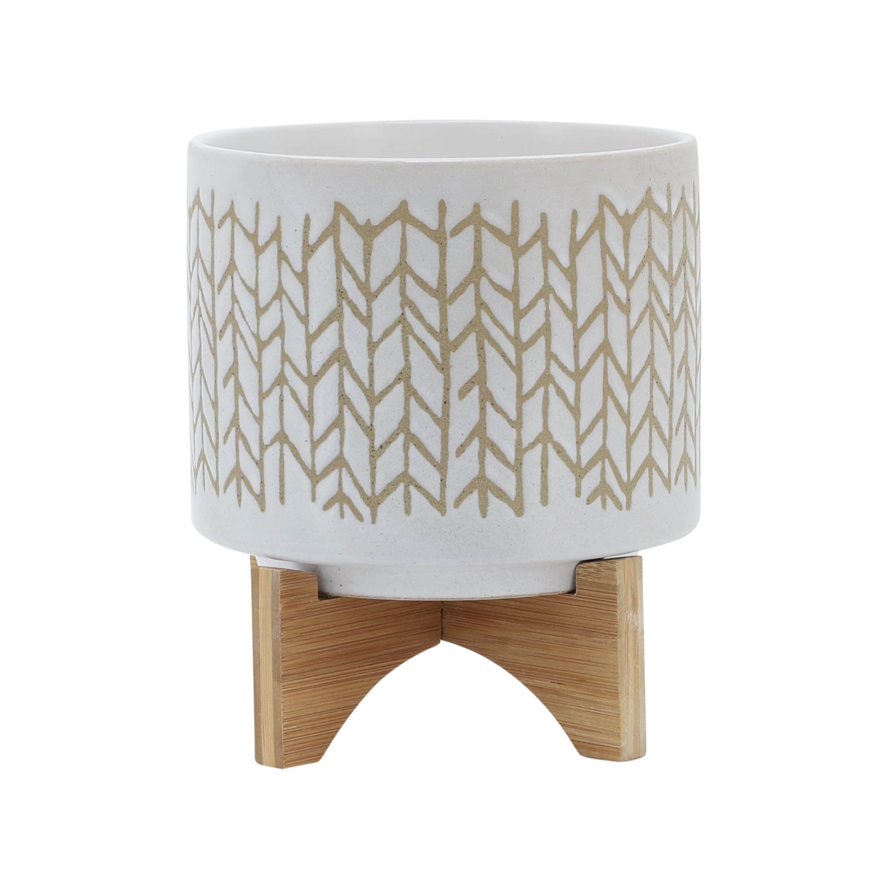 8" CHEVRON PLANTER W/ WOOD STAND, BEIGE