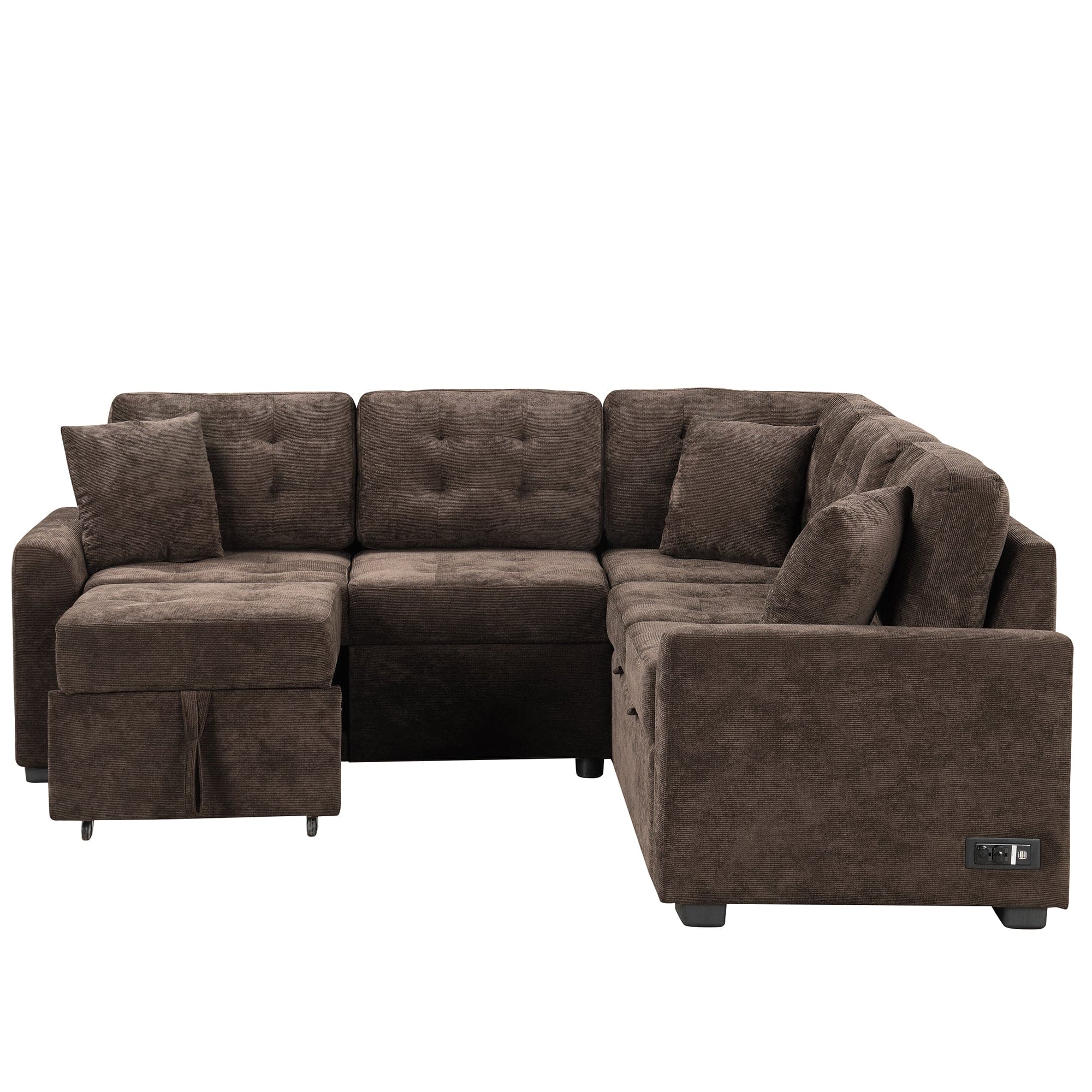 82.6" L-shape Sofa Bed Pull-out Sleeper Sofa with Wheels, USB Ports, Power Sockets for Living Room, Brown