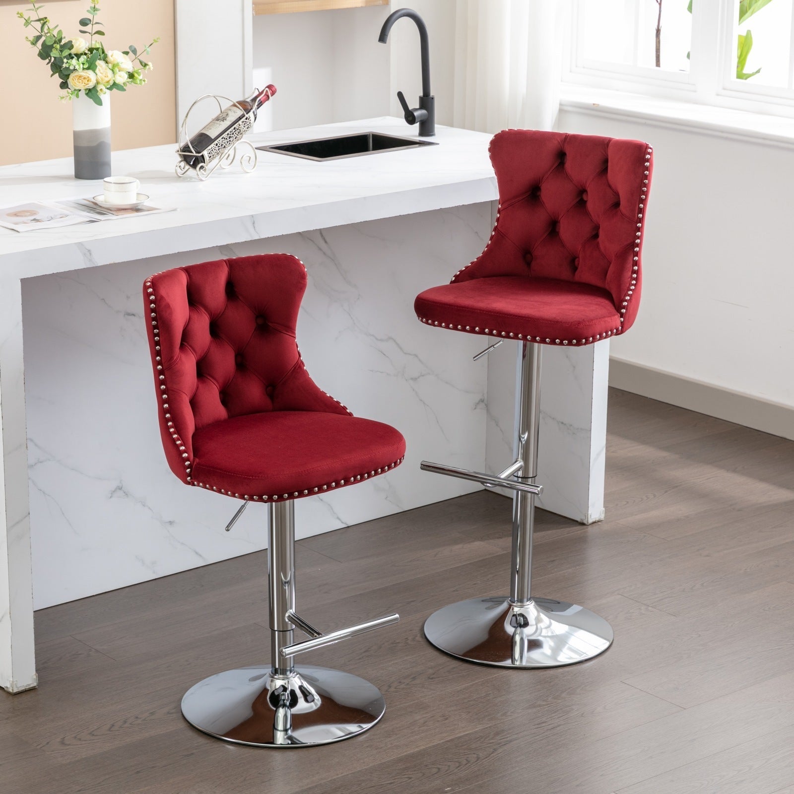 Swivel Velvet Barstools Adjusatble Seat Height from 25-33 Inch, Chrome base Bar Stools with Backs Comfortable Tufted for Home Pub and Kitchen Island, Wine Red,Burgundy,Set of 2,1712WR