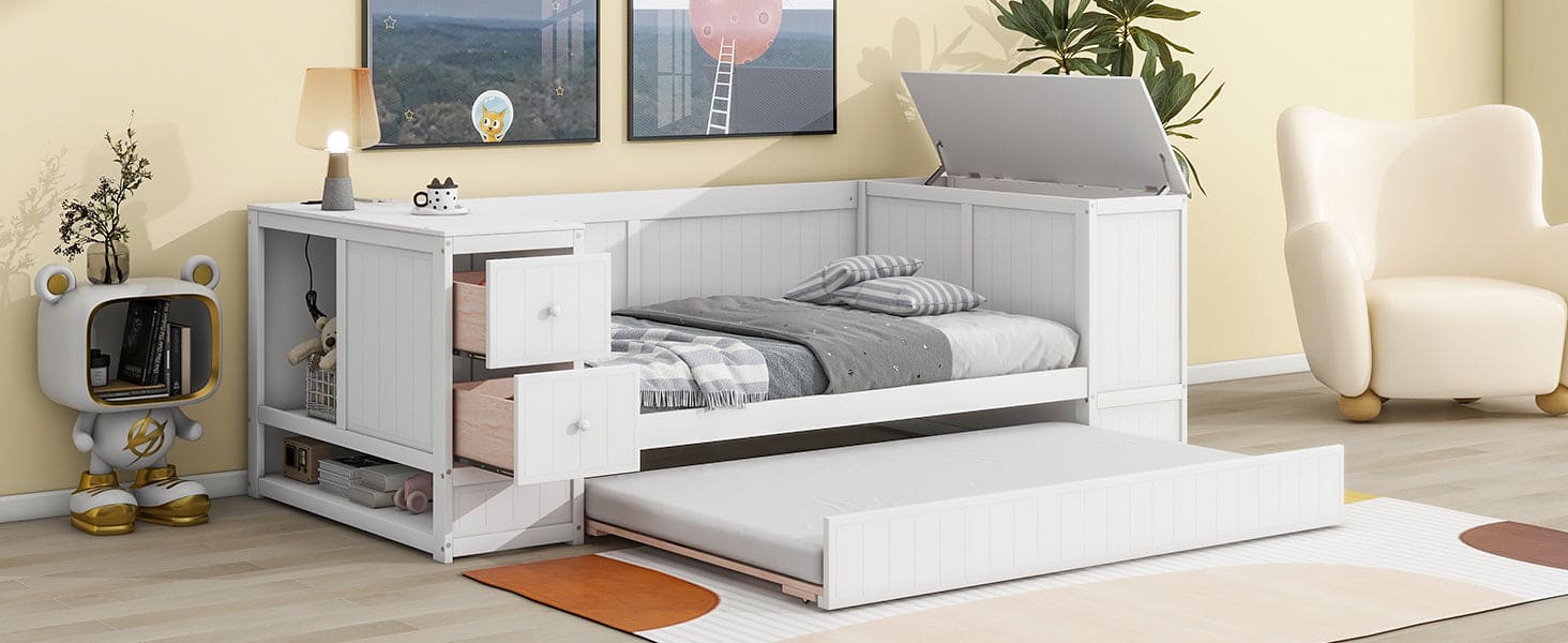 Twin Size Daybed with Storage Arms, Trundle and Charging Station, White