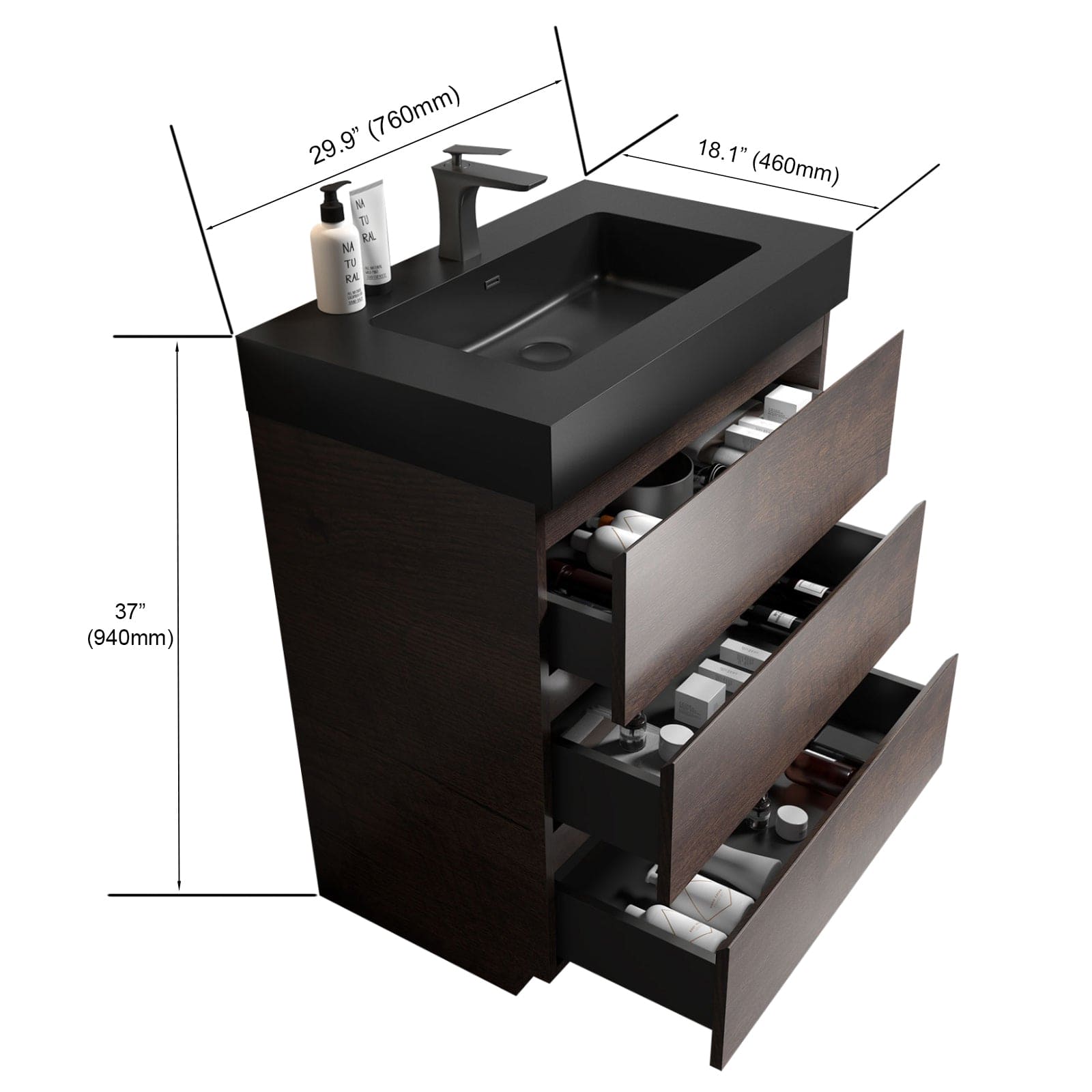 Alice 30" Walnut Bathroom Vanity with Sink, Large Storage Freestanding Bathroom Vanity for Modern Bathroom, One-Piece Black Sink Basin without Drain and Faucet