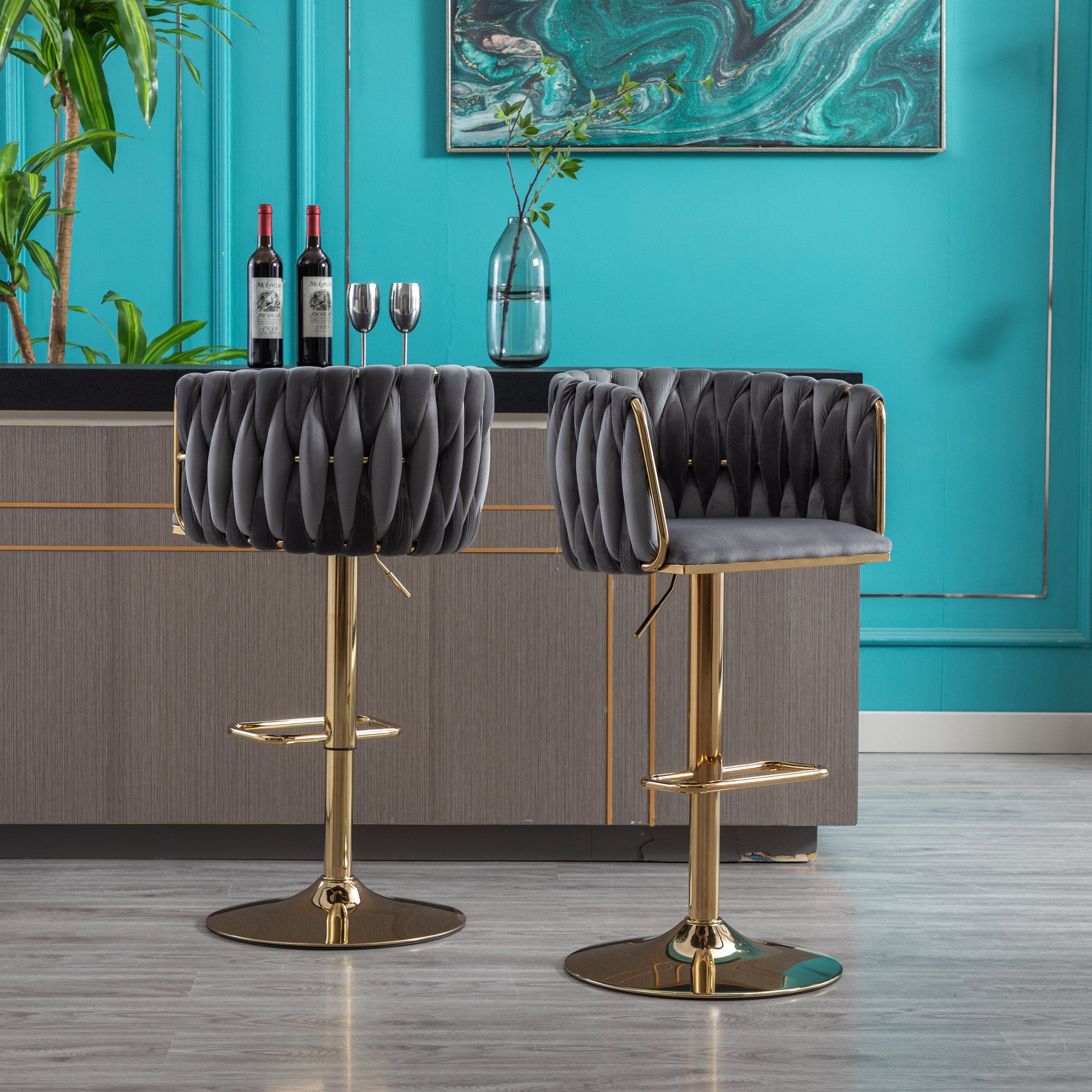 Set of 2 Bar Stools,with Chrome Footrest and Base Swivel Height Adjustable Mechanical Lifting Velvet + Golden Leg Simple Bar Stool-Grey