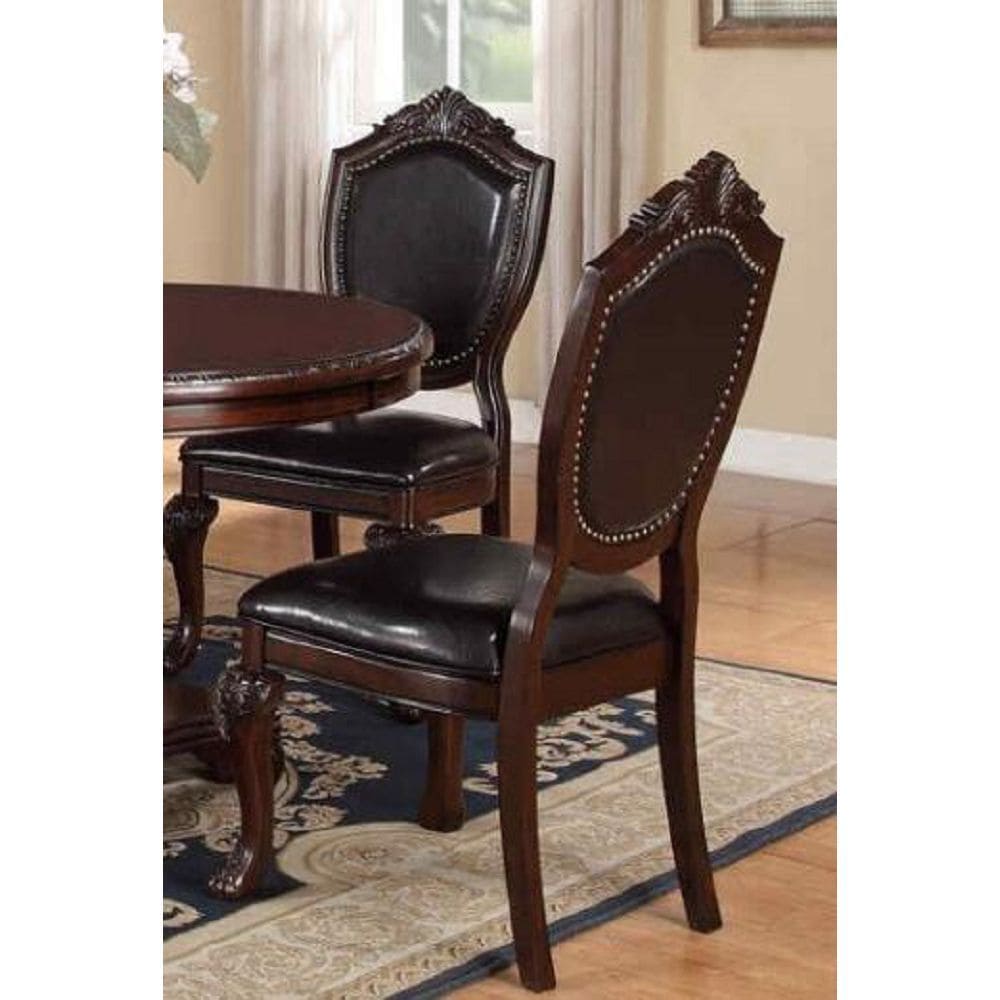 Royal Majestic Formal Set of 2 Side Chairs Brown Color Rubberwood Dining Room Furniture Intricate Design Faux Leather Upholstered Seat