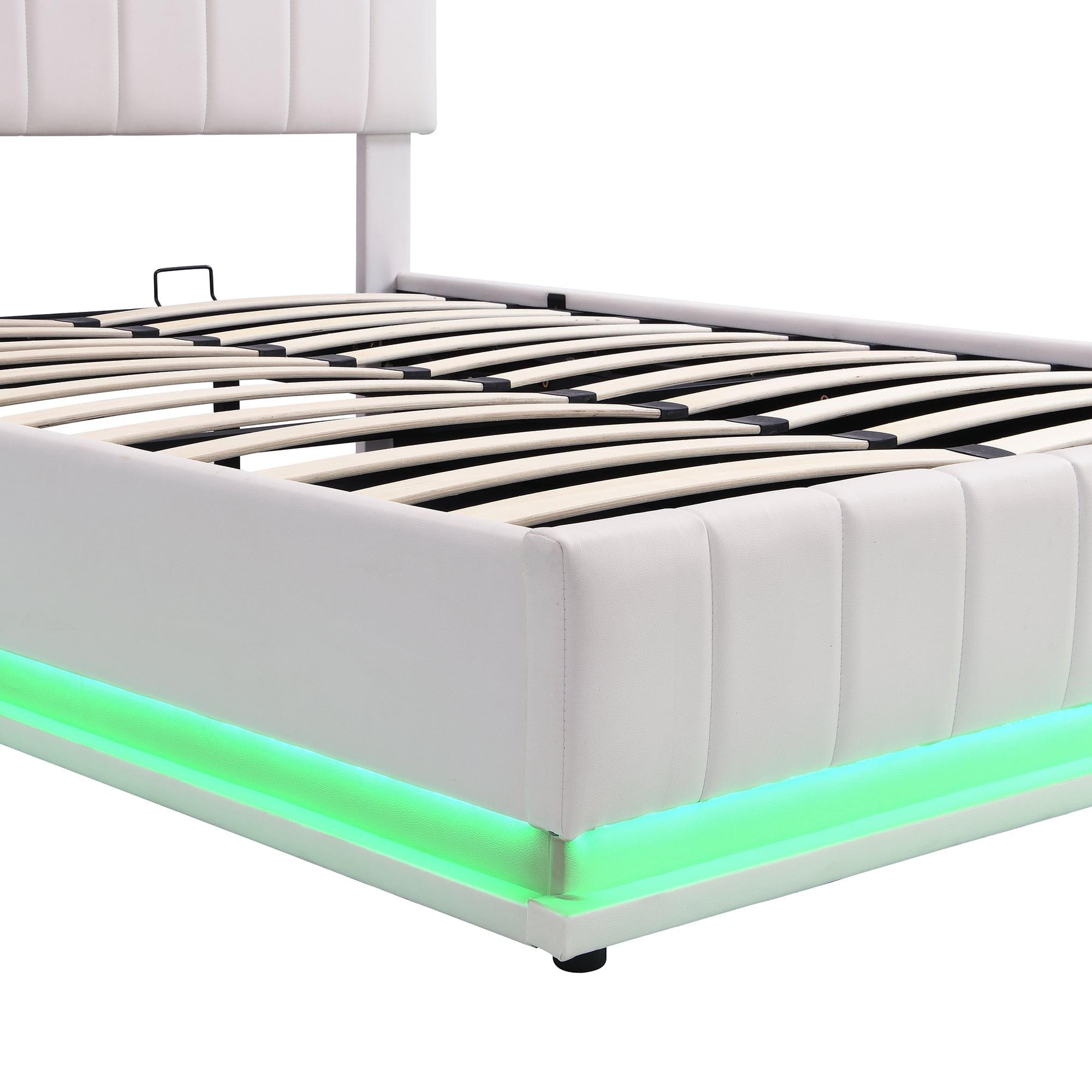 Full Size Upholstered Bed with Hydraulic Storage System and LED Light, Modern Platform Bed with Sockets and USB Ports, White