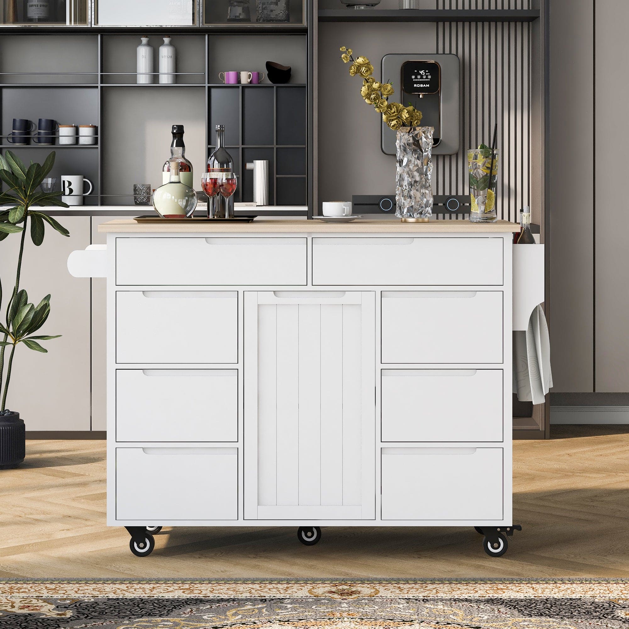 K&K Store Kitchen Cart with Rubber Wood Countertop , Kitchen Island has 8 Handle-Free Drawers Including a Flatware Organizer and 5 Wheels for Kitchen Dinning Room, White