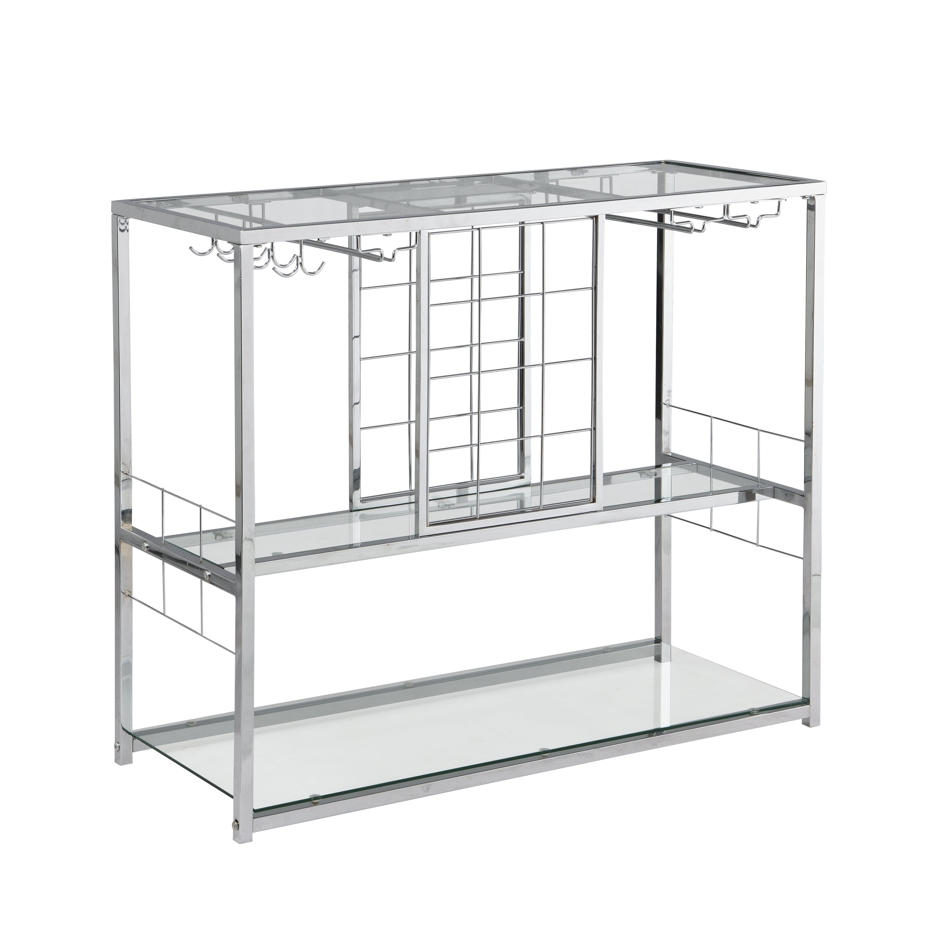 Bar Cart Kitchen Bar&Serving Cart for Home with Glass Holder and Wine Rack, 3-Tier Kitchen Trolley with Tempered Glass Shelves and Chrome-Finished