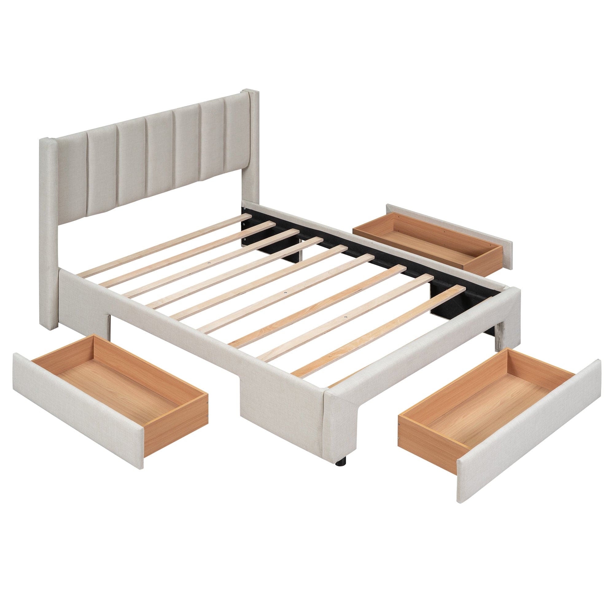 Full Size Upholstered Platform Bed with One Large Drawer in the Footboard and Drawer on Each Side,Beige