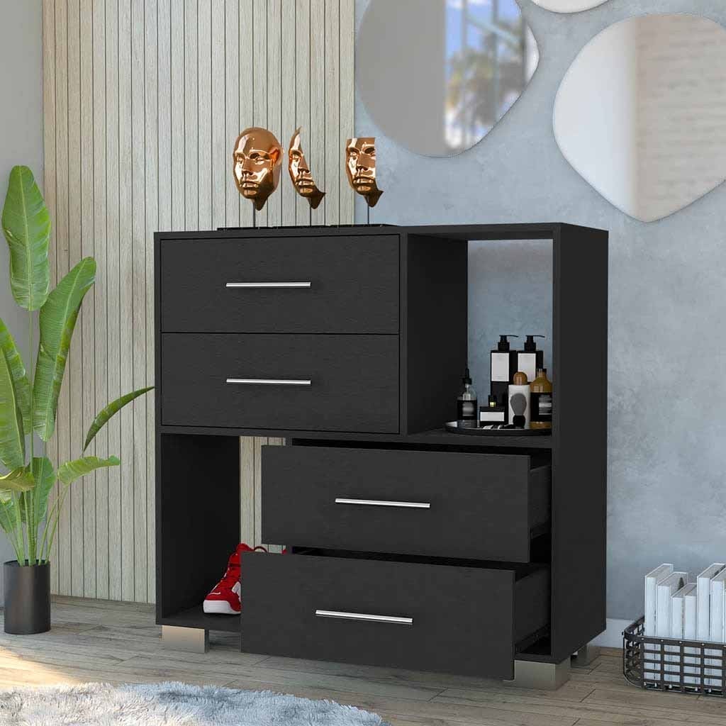 Dresser Hetzs, Four Drawers, Two Open Shelves, Black Wengue Finish