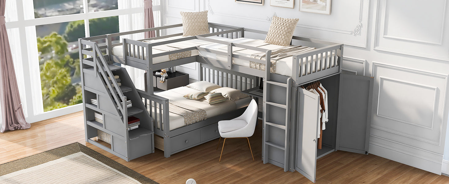 Twin-Twin over Full L-Shaped Bunk Bed With 3 Drawers, Portable Desk and Wardrobe, Gray