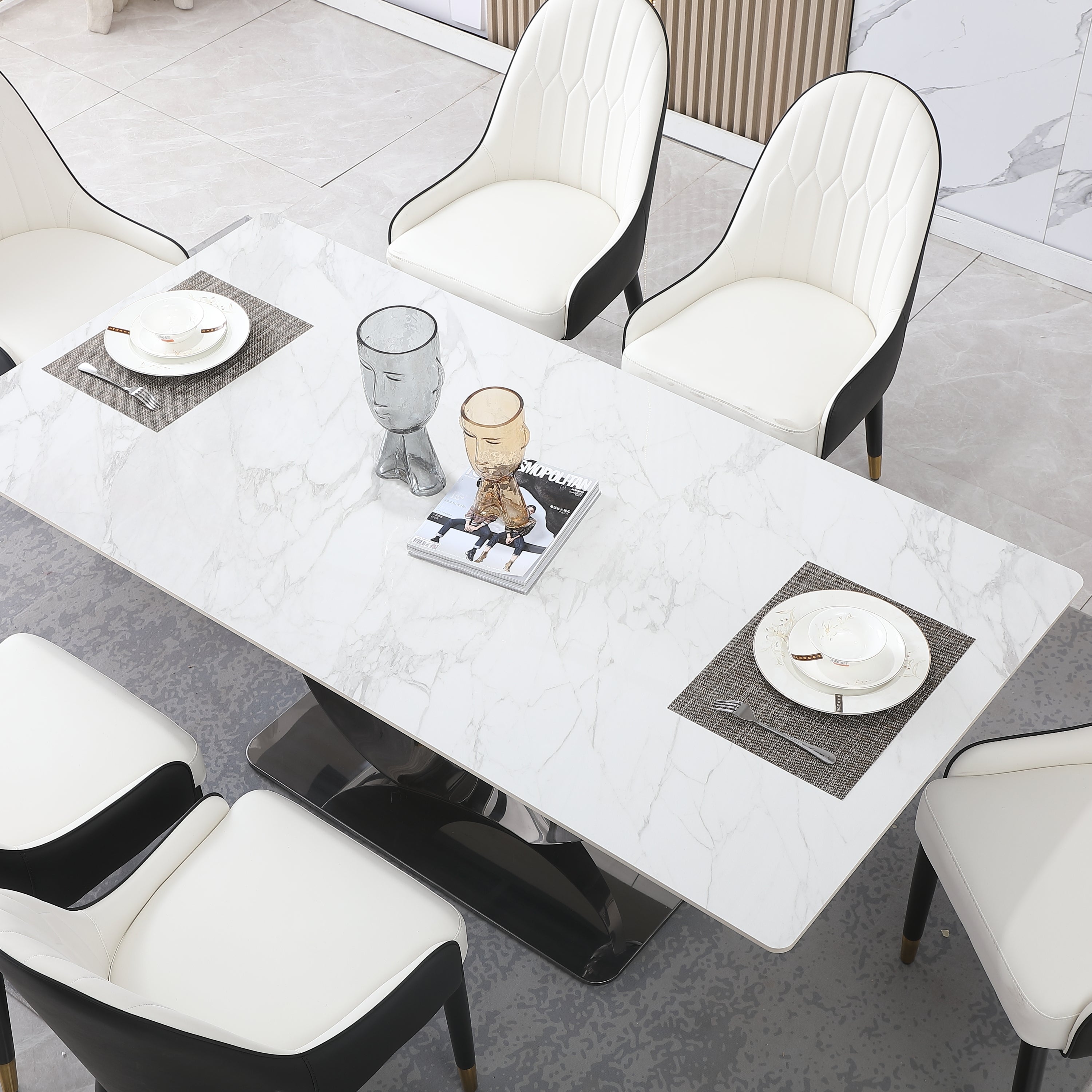 71-Inch Stone DiningTable with Carrara White color and Striped Pedestal Base