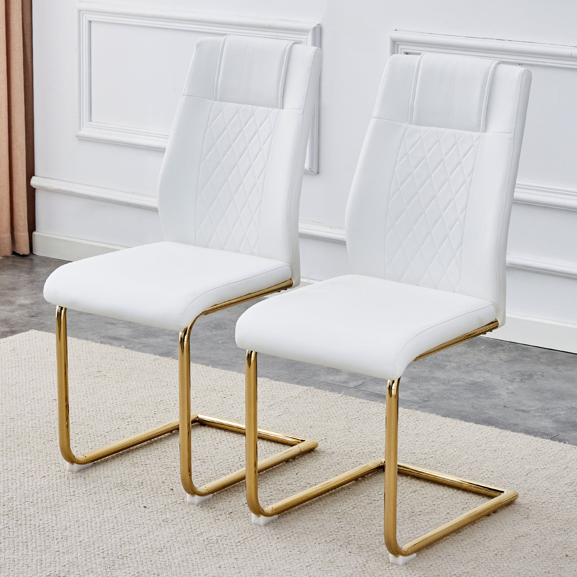 Modern dining chairs, dining room chairs, and golden leg cushioned chairs made of artificial leather, suitable for kitchens, living rooms, bedrooms, and offices. Set of 4 pieces (white+PU)C-001