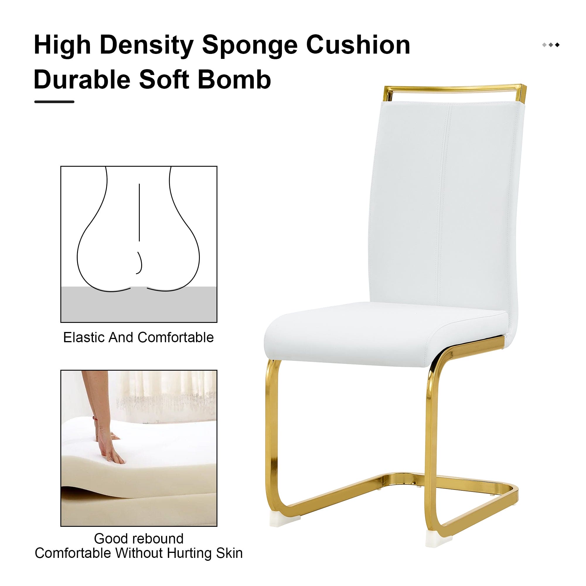 Table and chair set. 1 table and 4 white PU backrest cushions with gold metal leg chairs . A rectangular white imitation marble desktop with MDF legs and gold metal decorative strips. HH1162