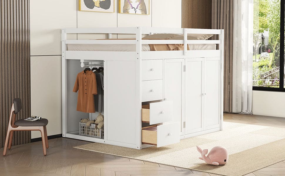 Full Size Wood Loft Bed With Built-in Wardrobes, Cabinets and Drawers, White