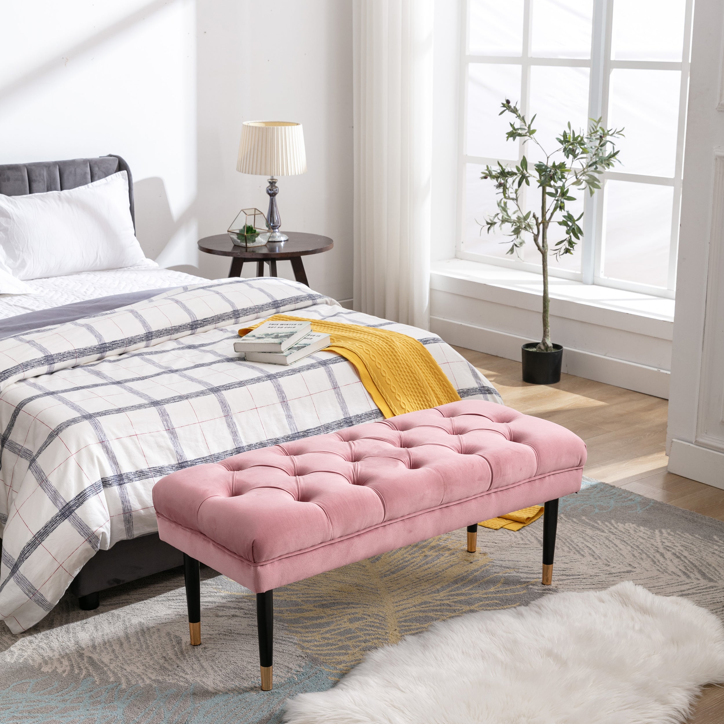 Tufted Bench Modern Velvet Button Upholstered Ottoman enches Bedroom Rectangle Fabric Footstool with Metal Legs for Living Room Entryway,Pink