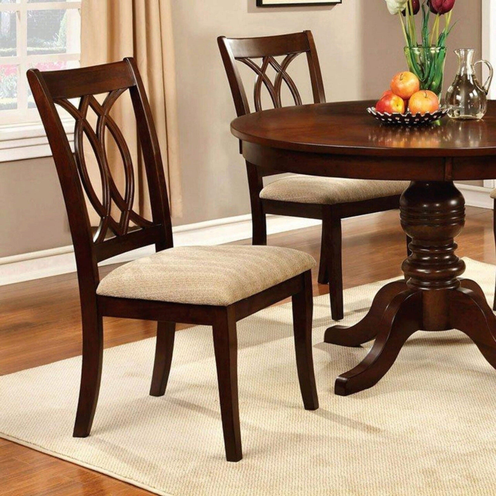 Classic Transitional Dining Chairs Brown Cherry Solid wood Padded Fabric Seat Set of 2 Side Chairs Dining Room Furniture Beautifully-crafted chairs