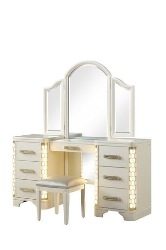 Jasmine Queen 4 Pc Unique LED Vanity Bedroom Set made with Wood in Beige