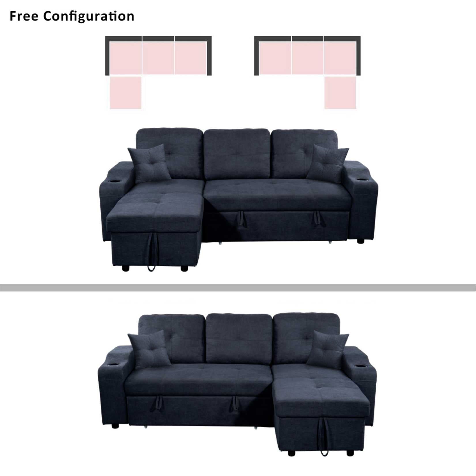 Right-facing sectional sofa with footrest, convertible corner sofa with armrest storage, living room and apartment sectional sofa, right chaise longue and  dark  grey