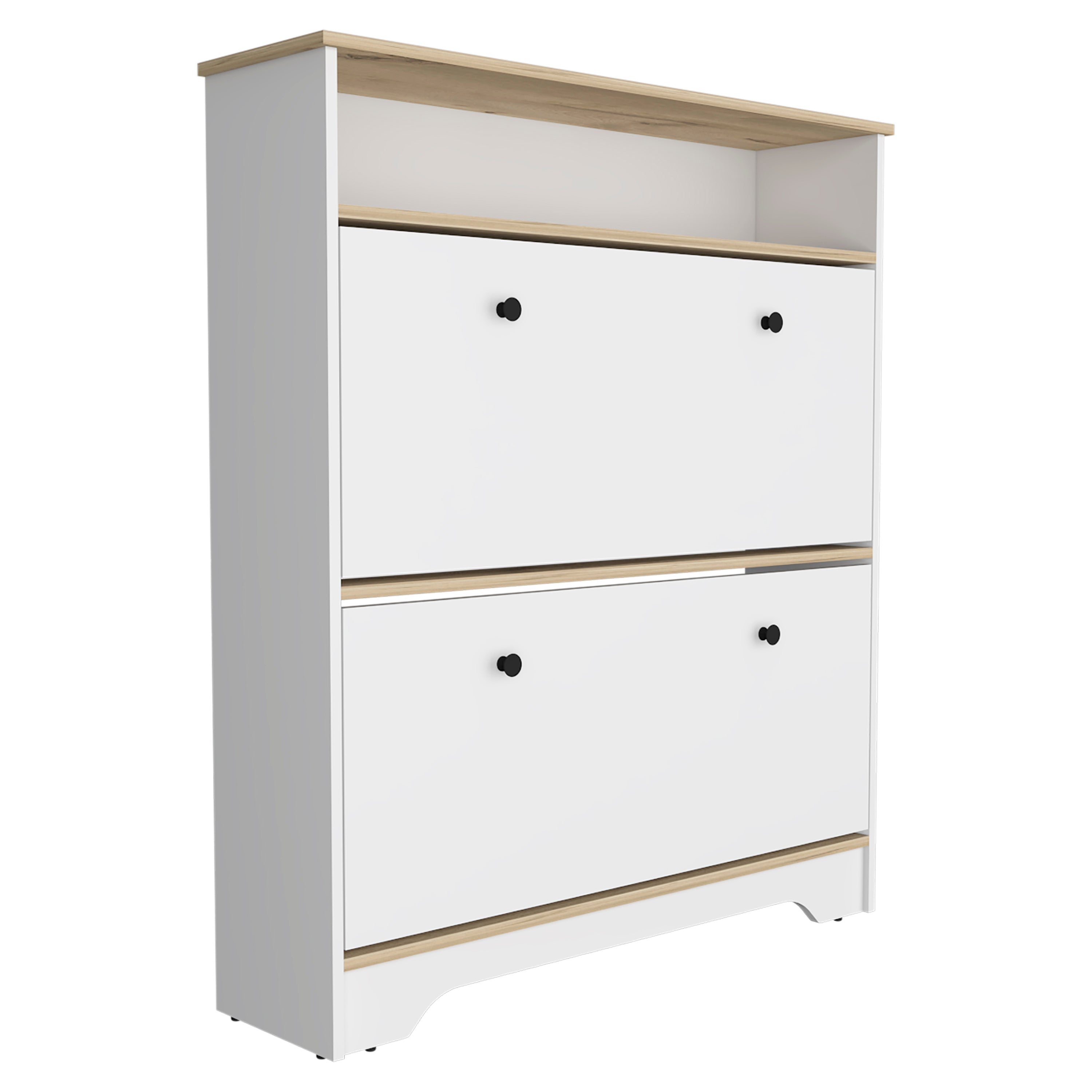 Shoe Rack Dublin, One Open Shelf, Two Extendable Cabinets, Light Oak / White Finish